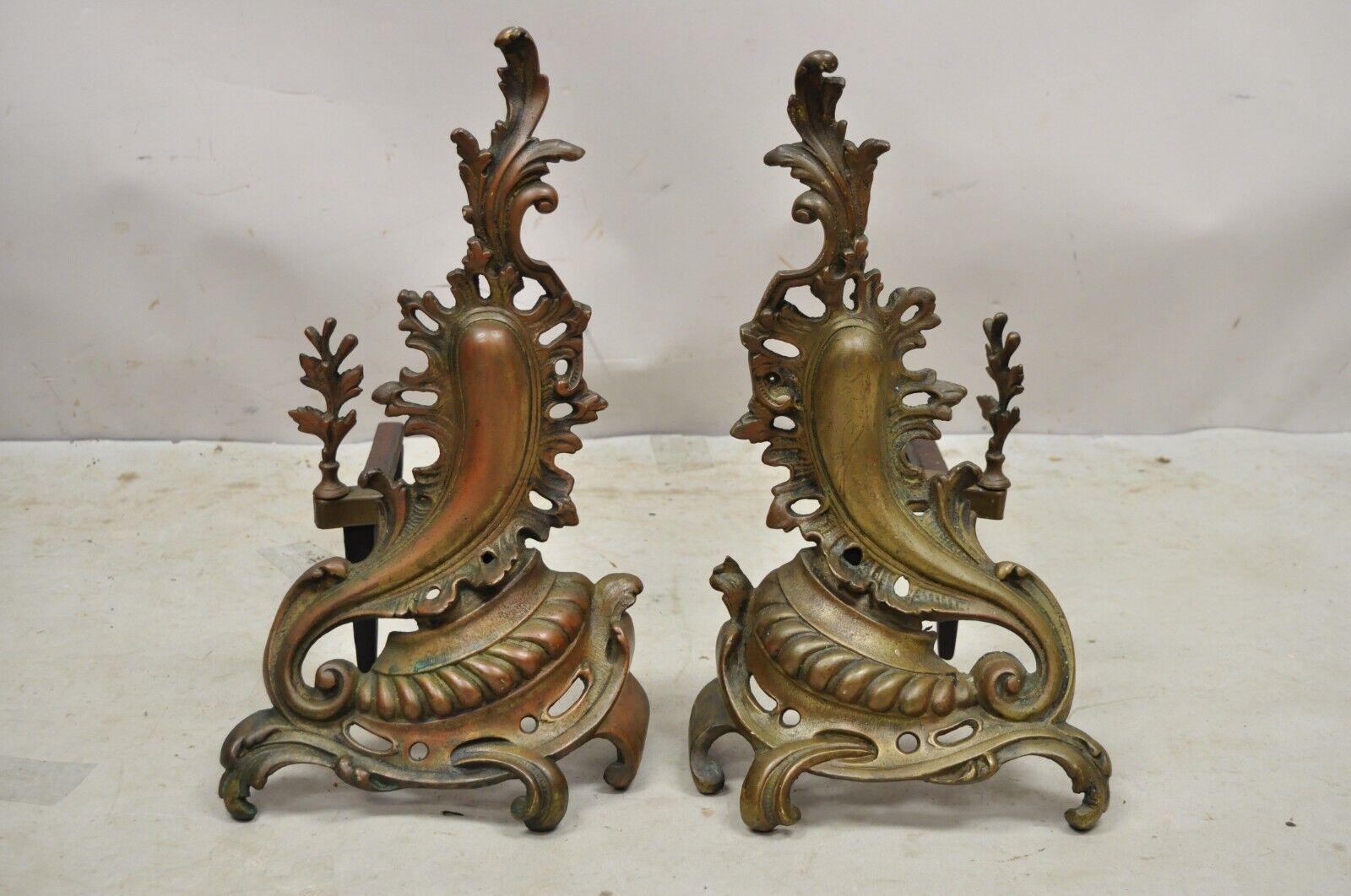 Antique French Rococo Baroque Style Brass Leafy Acanthus Andirons - a Pair For Sale 6
