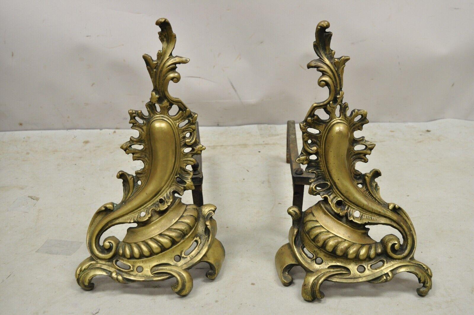 Antique French Rococo Baroque Style Brass Leafy Acanthus Andirons - a Pair For Sale 7
