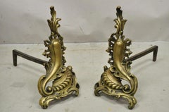 Antique French Rococo Baroque Style Brass Leafy Acanthus Andirons - a Pair