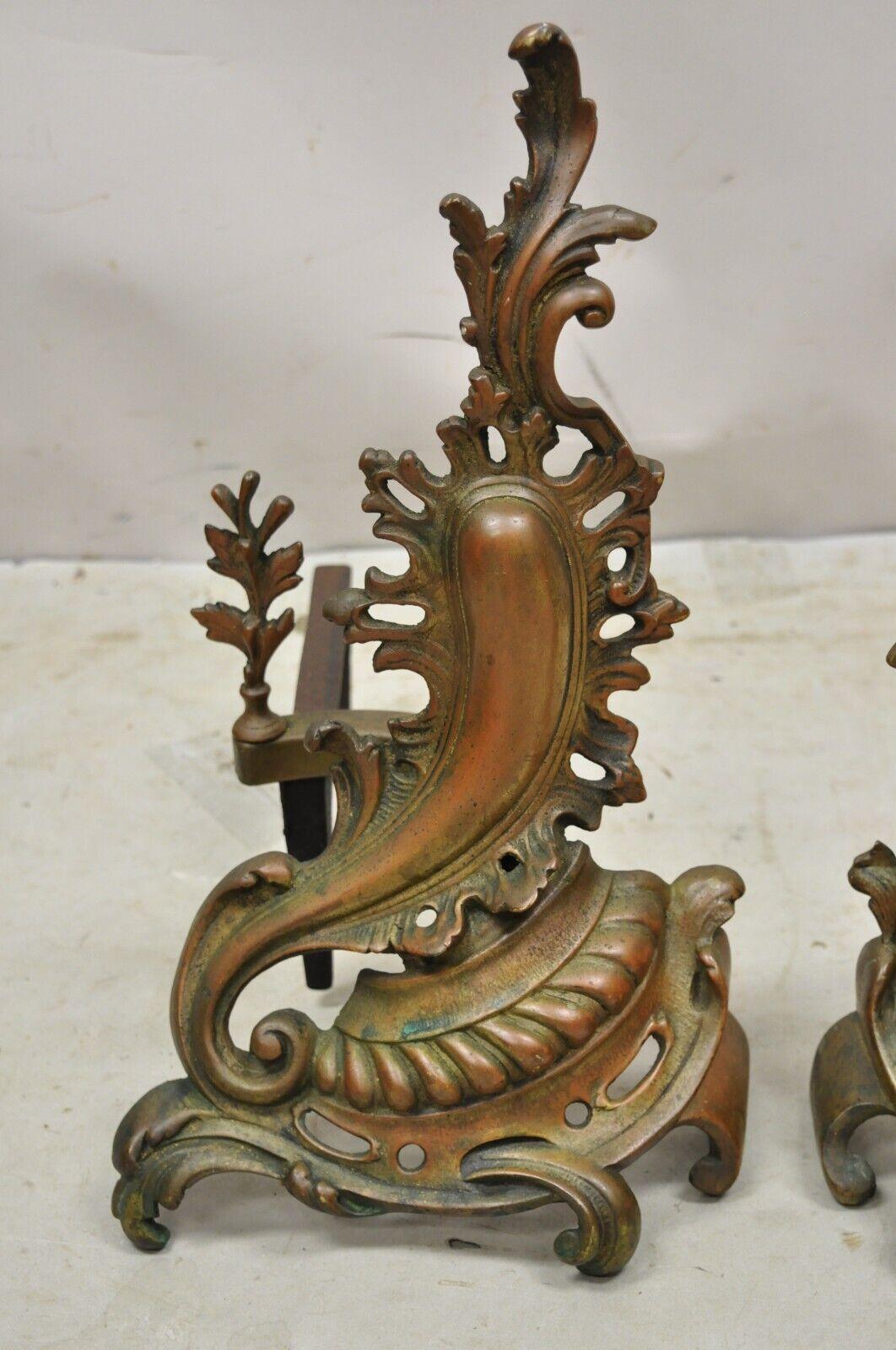 Cast Antique French Rococo Baroque Style Brass Leafy Acanthus Andirons - a Pair For Sale