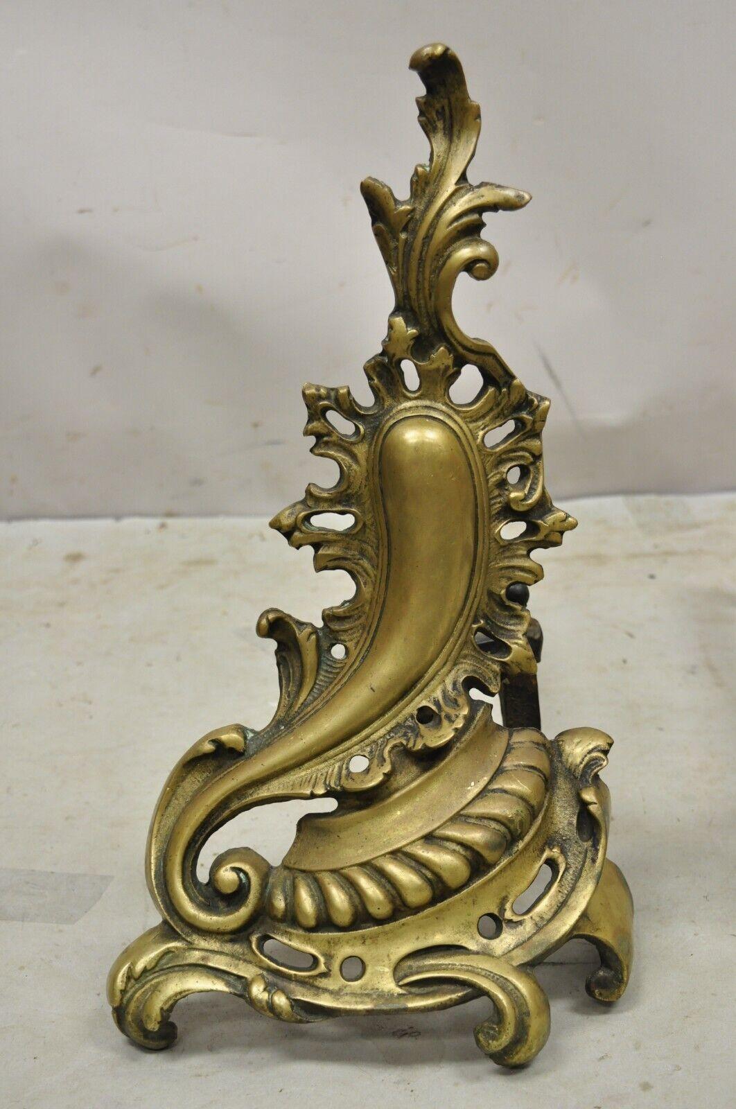 Antique French Rococo Baroque Style Brass Leafy Acanthus Andirons - a Pair In Good Condition For Sale In Philadelphia, PA