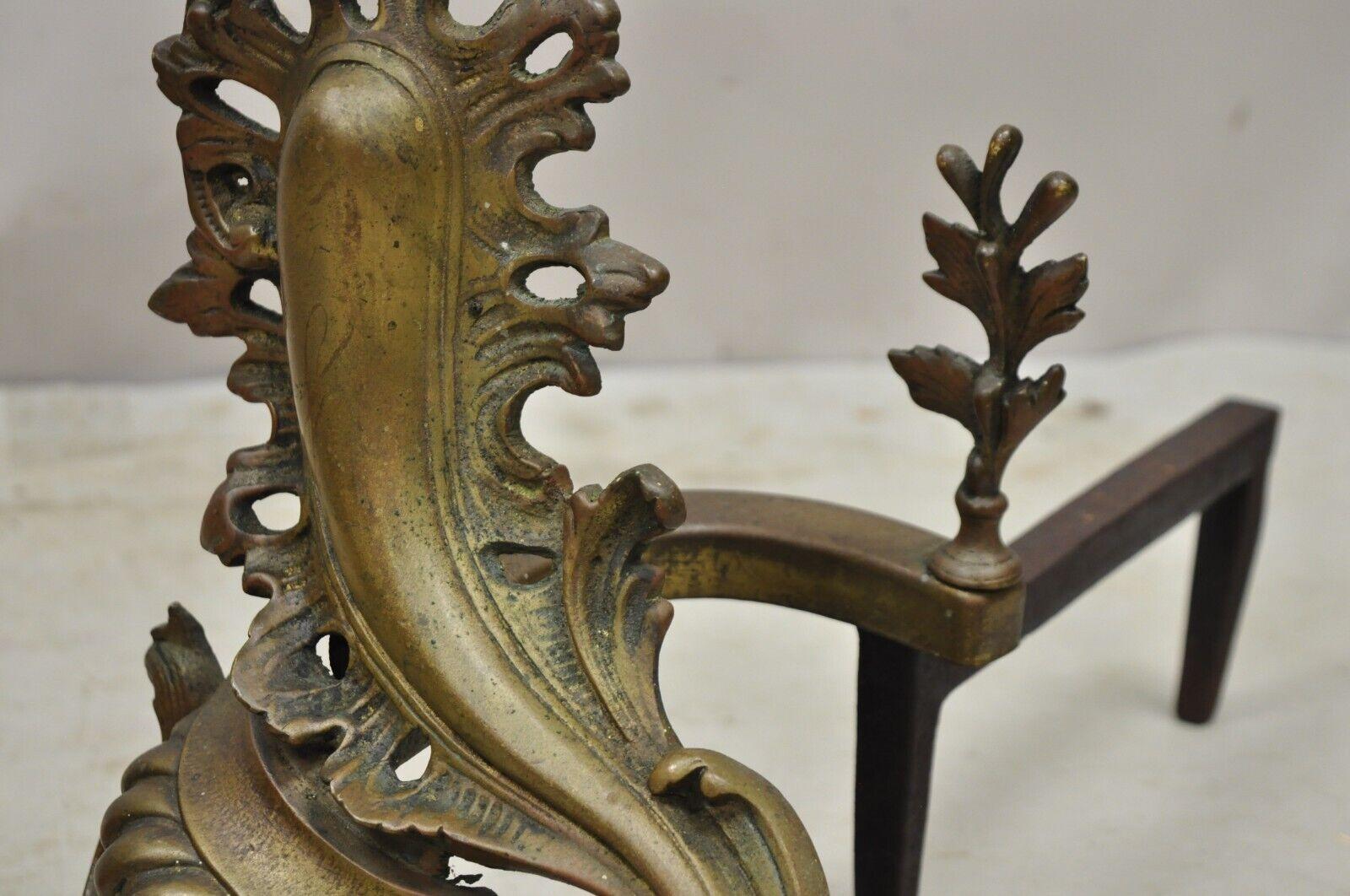 20th Century Antique French Rococo Baroque Style Brass Leafy Acanthus Andirons - a Pair For Sale