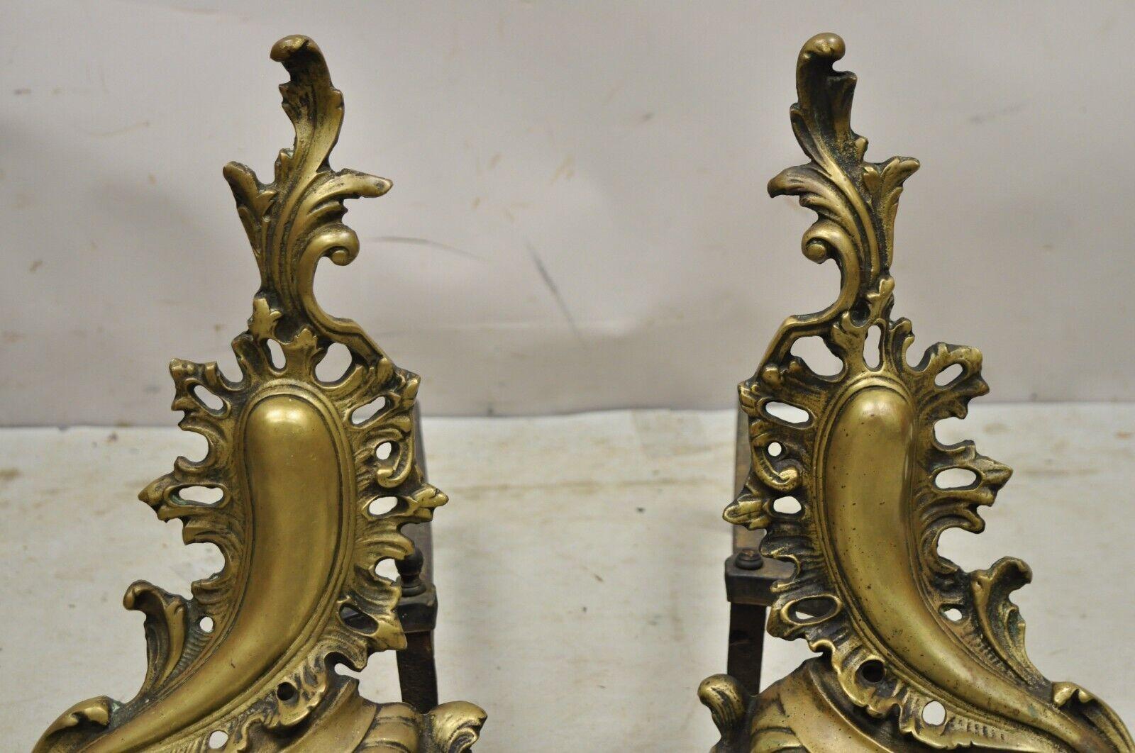 Antique French Rococo Baroque Style Brass Leafy Acanthus Andirons - a Pair For Sale 1