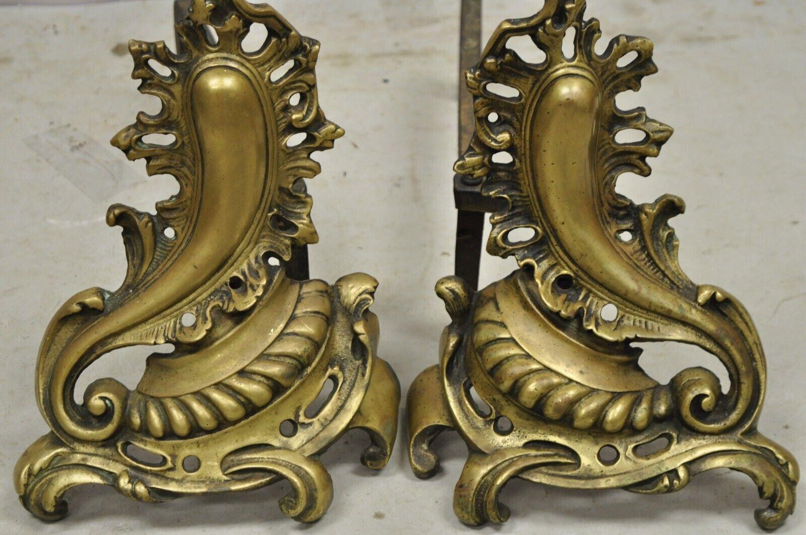 Antique French Rococo Baroque Style Brass Leafy Acanthus Andirons - a Pair For Sale 2