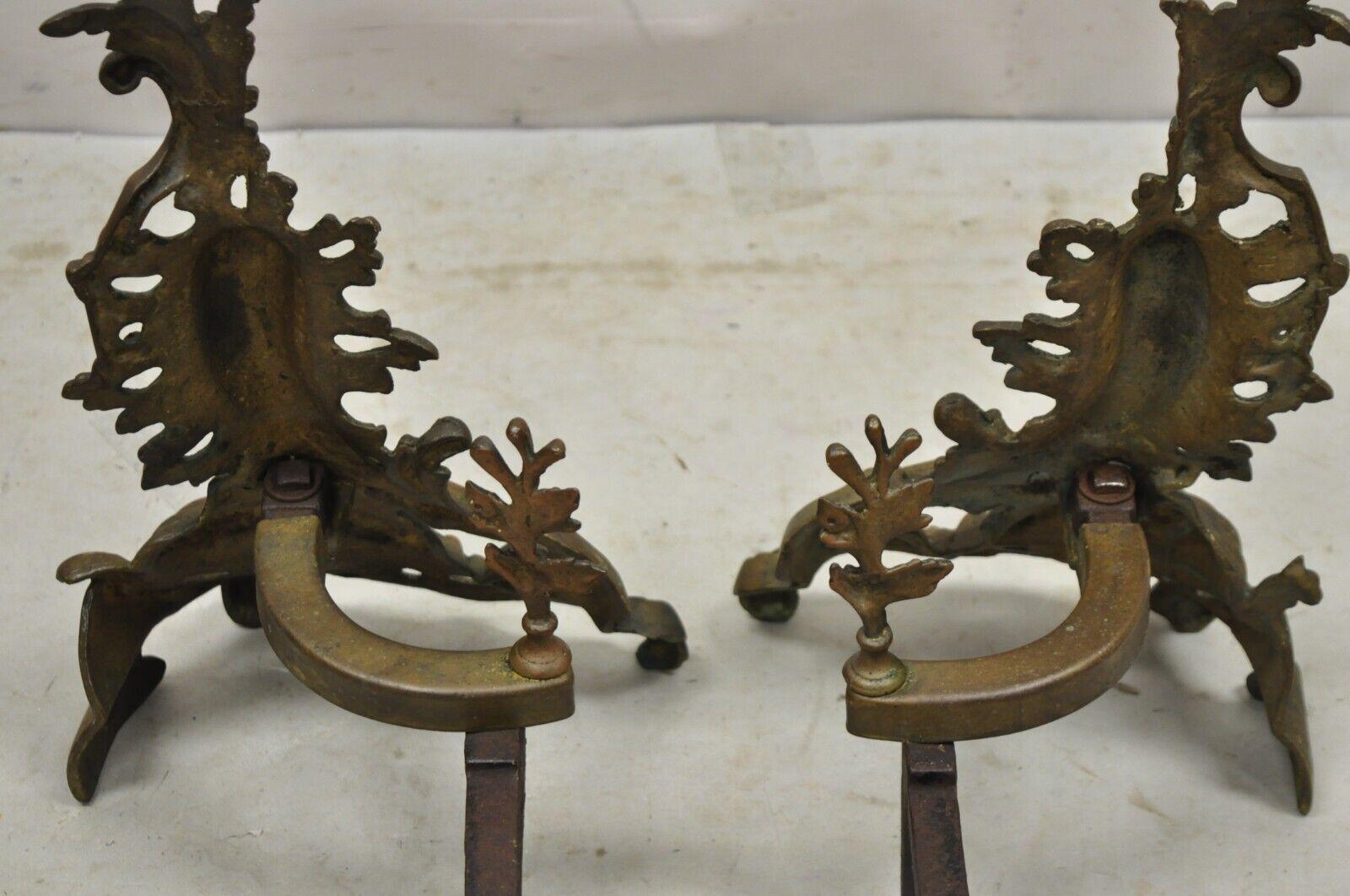 Antique French Rococo Baroque Style Brass Leafy Acanthus Andirons - a Pair For Sale 2