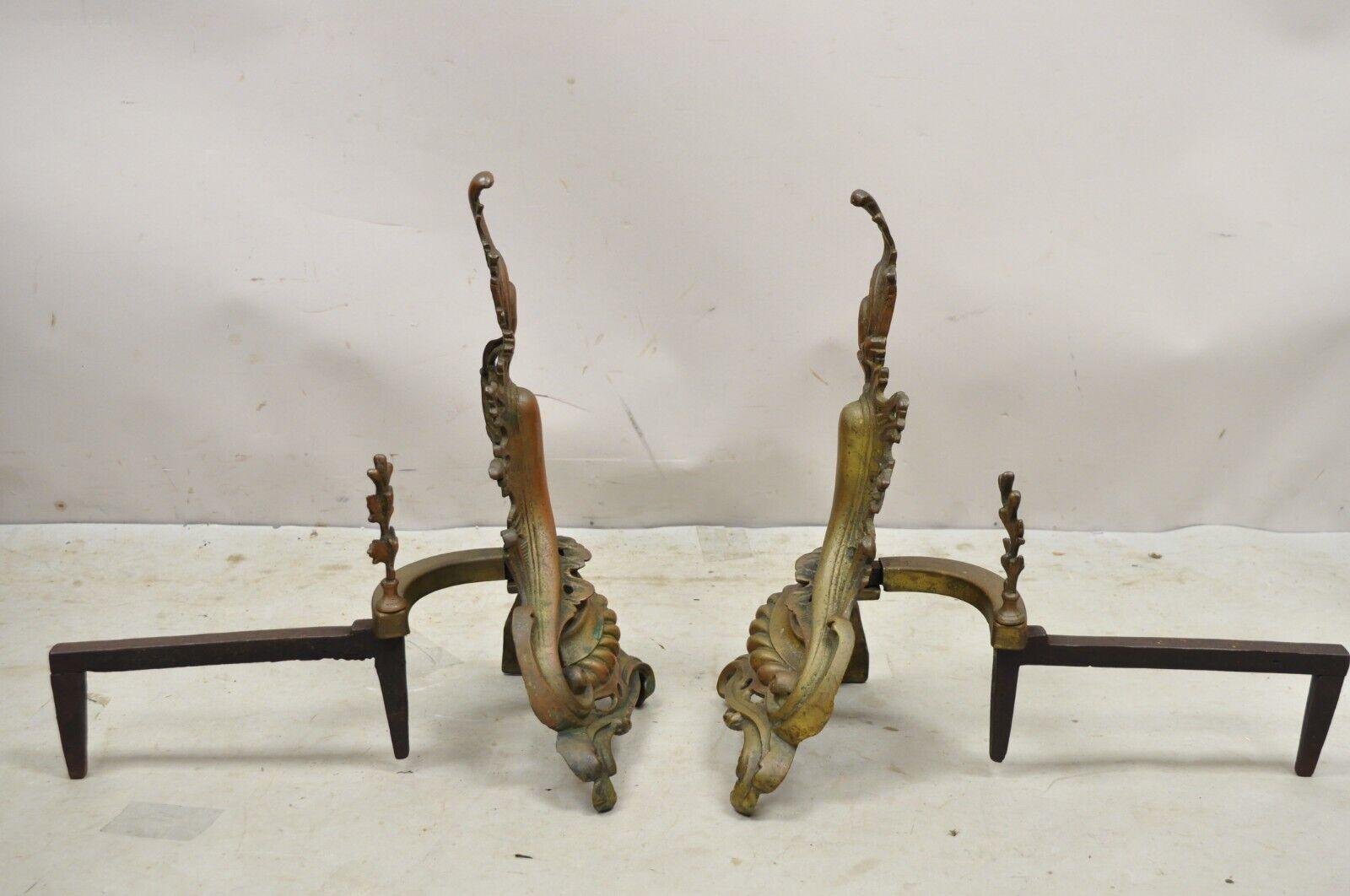 Antique French Rococo Baroque Style Brass Leafy Acanthus Andirons - a Pair For Sale 4