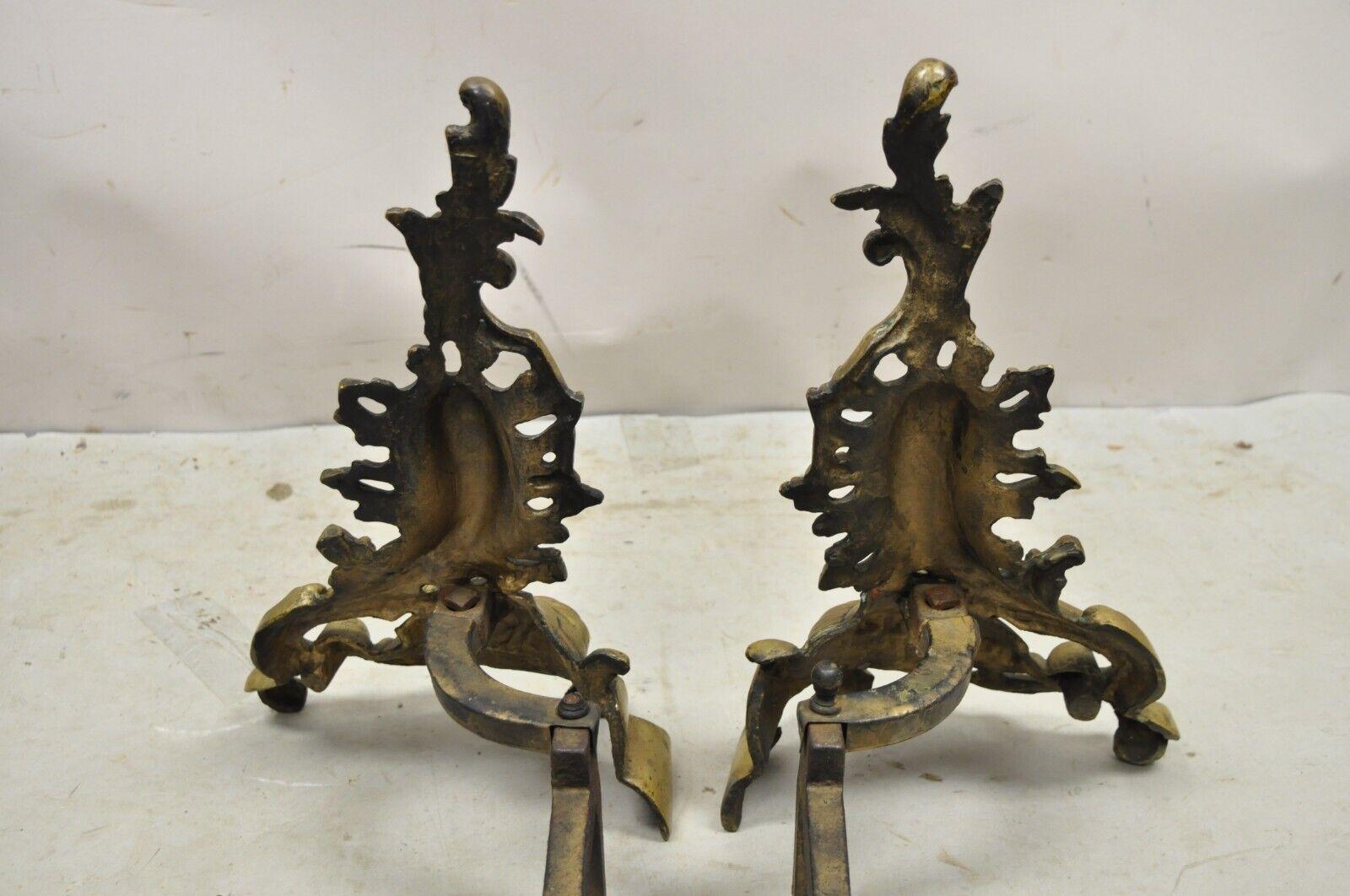Antique French Rococo Baroque Style Brass Leafy Acanthus Andirons - a Pair For Sale 5