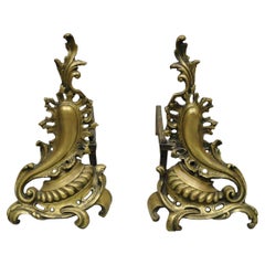 Antique French Rococo Baroque Style Brass Leafy Acanthus Andirons - a Pair