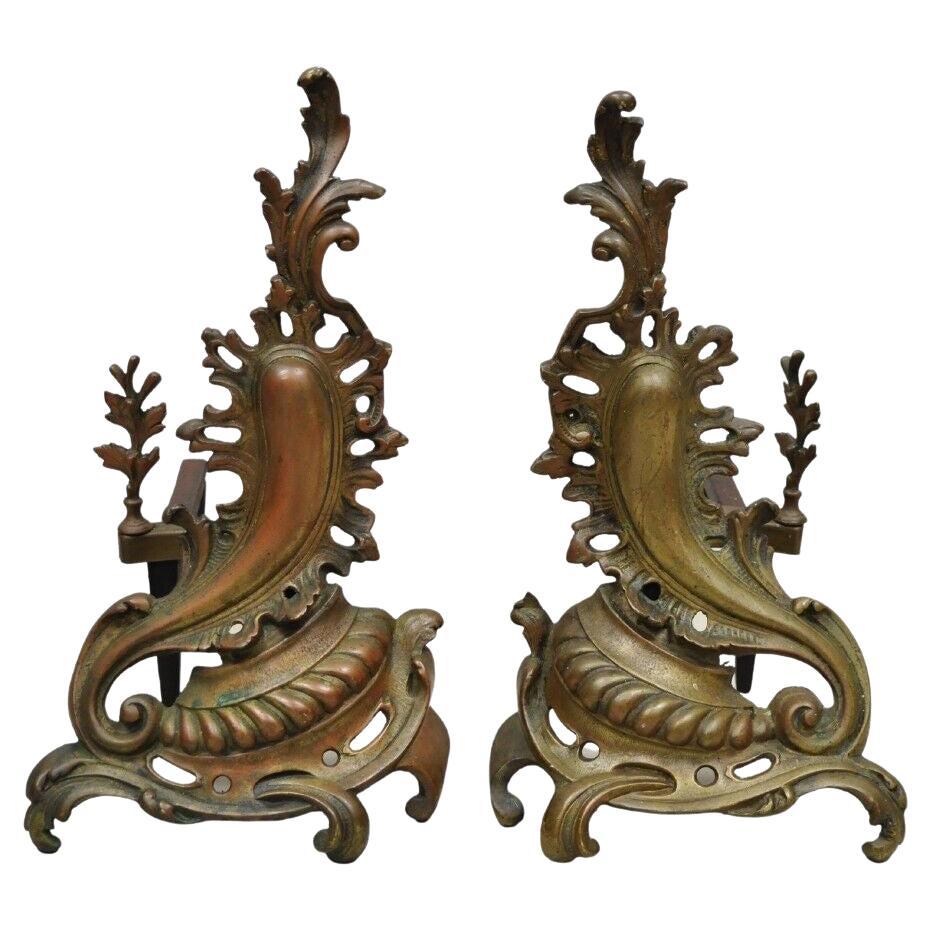 Antique French Rococo Baroque Style Brass Leafy Acanthus Andirons - a Pair