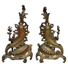 Antique French Rococo Baroque Style Brass Leafy Acanthus Andirons - a Pair
