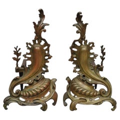 Antique French Rococo Baroque Style Brass Leafy Acanthus Andirons - a Pair