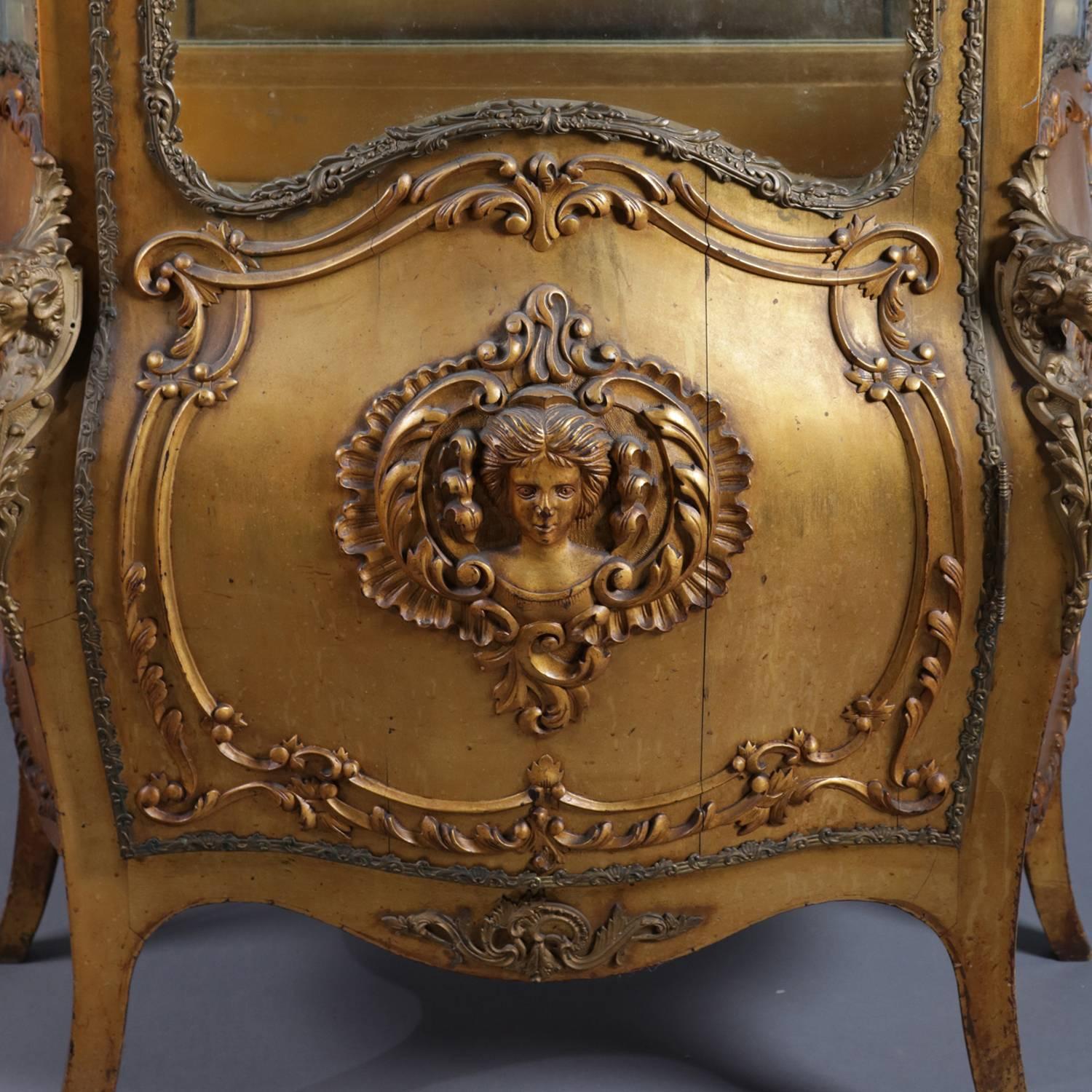 19th Century Antique French Rococo Bow Front Carved Giltwood and Ormolu Mirror Back Vitrine