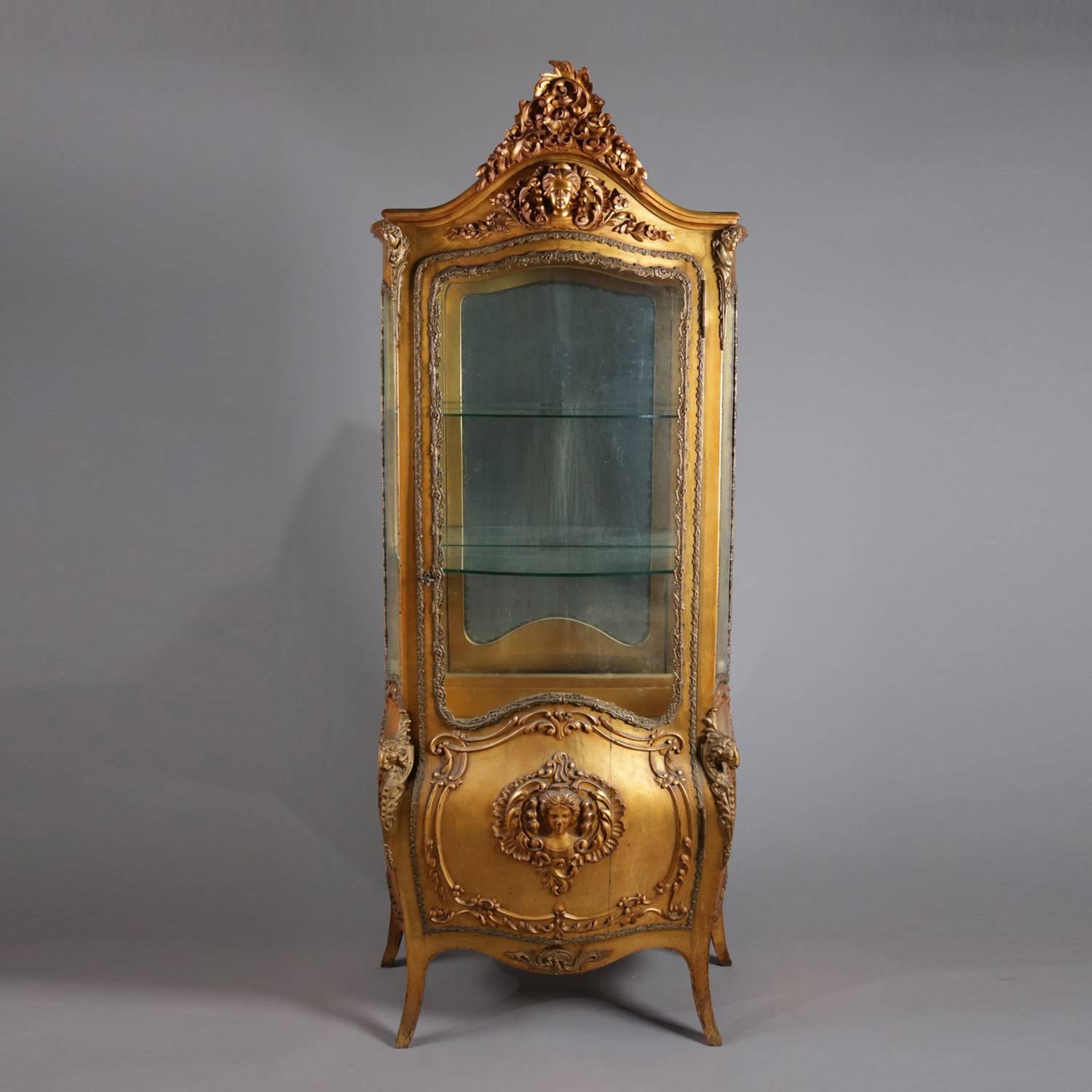 Glass Antique French Rococo Bow Front Carved Giltwood and Ormolu Mirror Back Vitrine