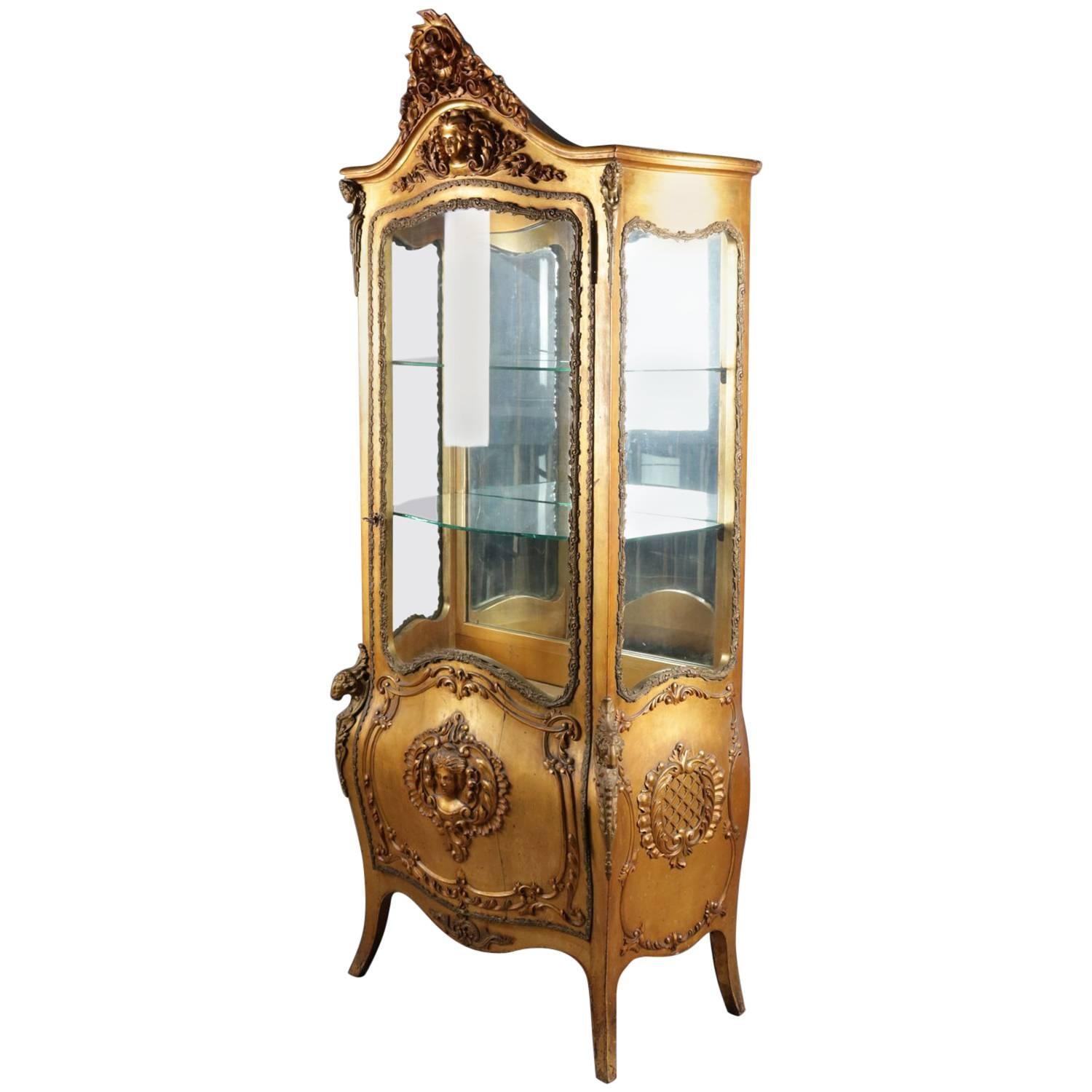 Antique French Rococo Bow Front Carved Giltwood and Ormolu Mirror Back Vitrine
