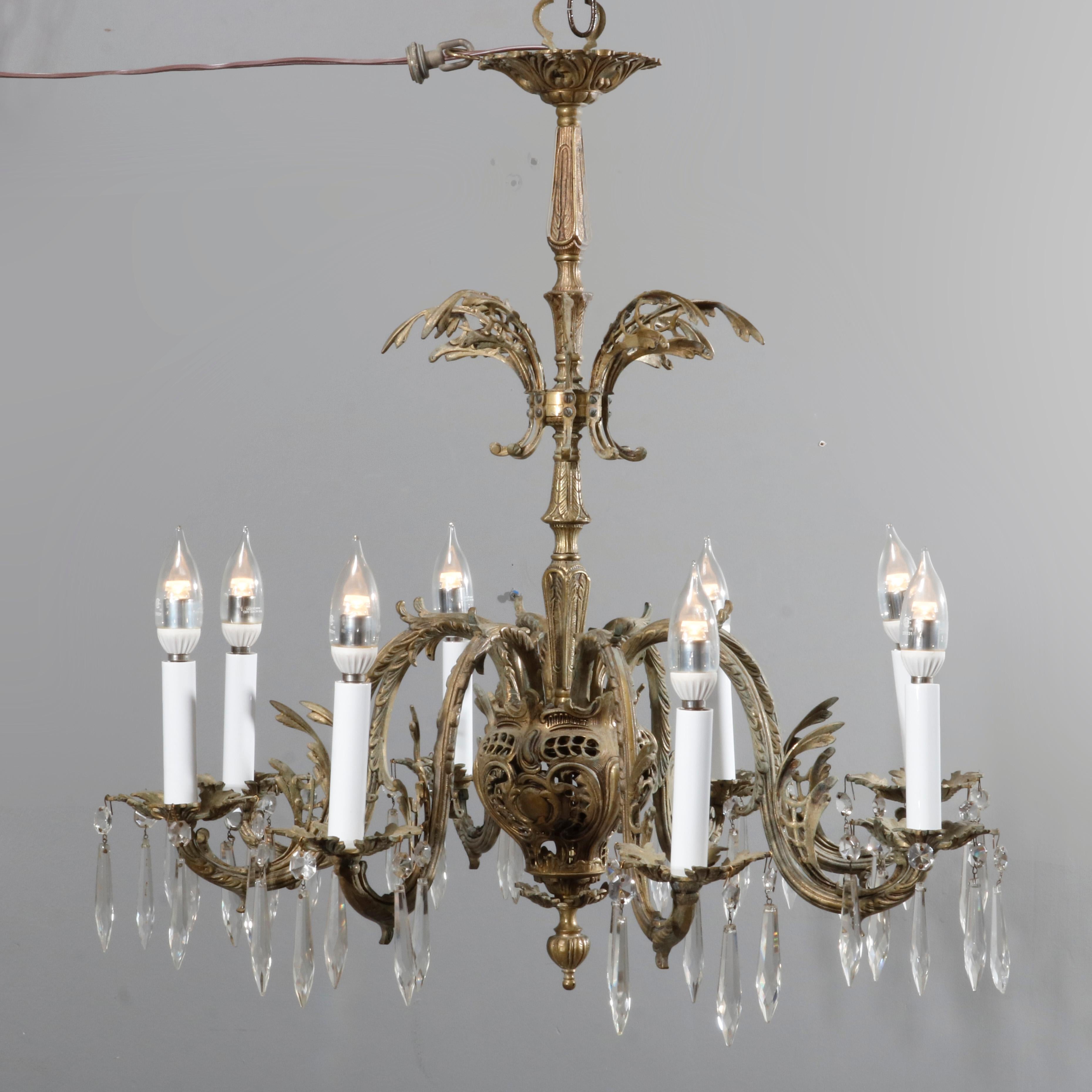 Antique French Rococo Bronze 8 Light Foliate Chandelier with Prisms, C1903 6