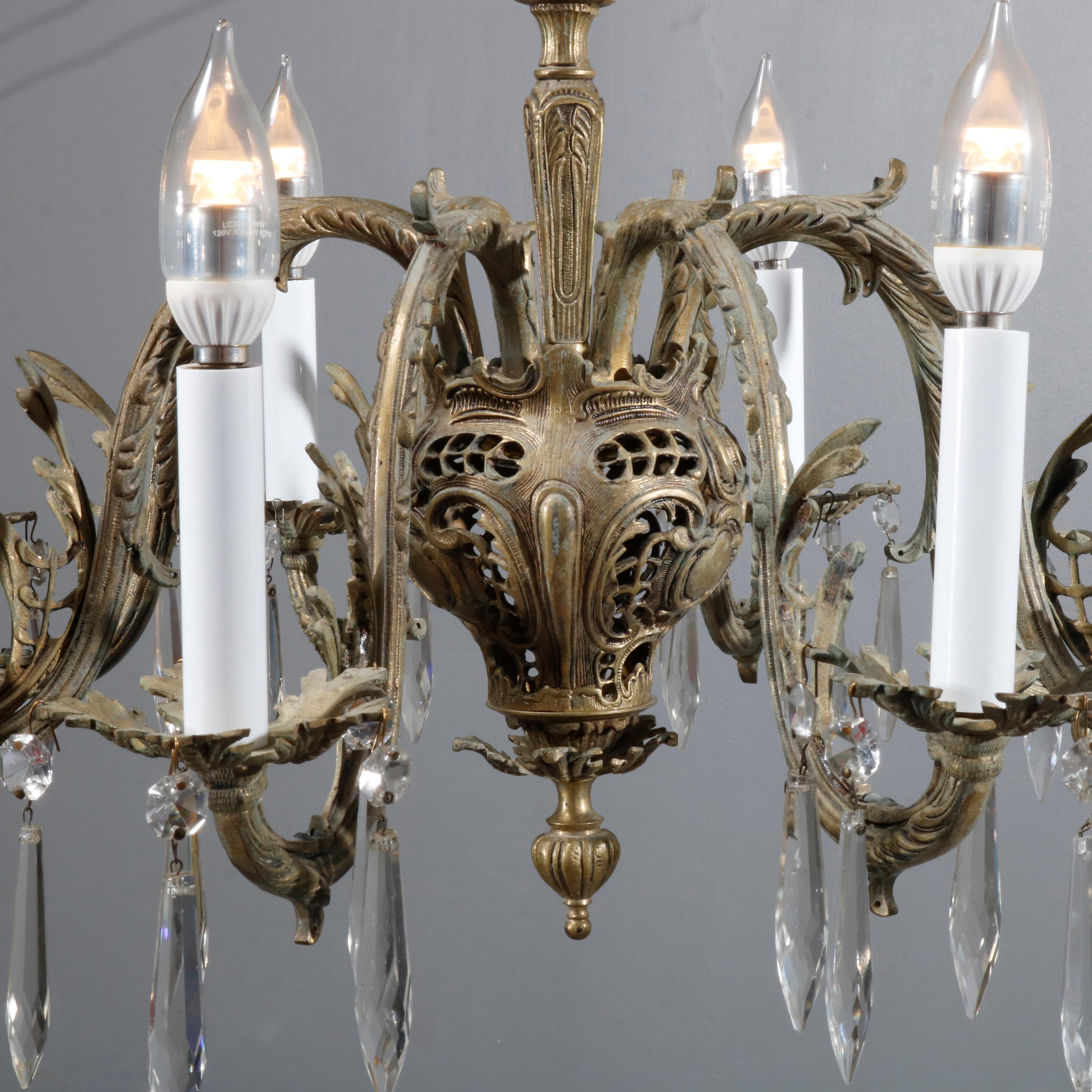 Antique French Rococo Bronze 8 Light Foliate Chandelier with Prisms, C1903 7