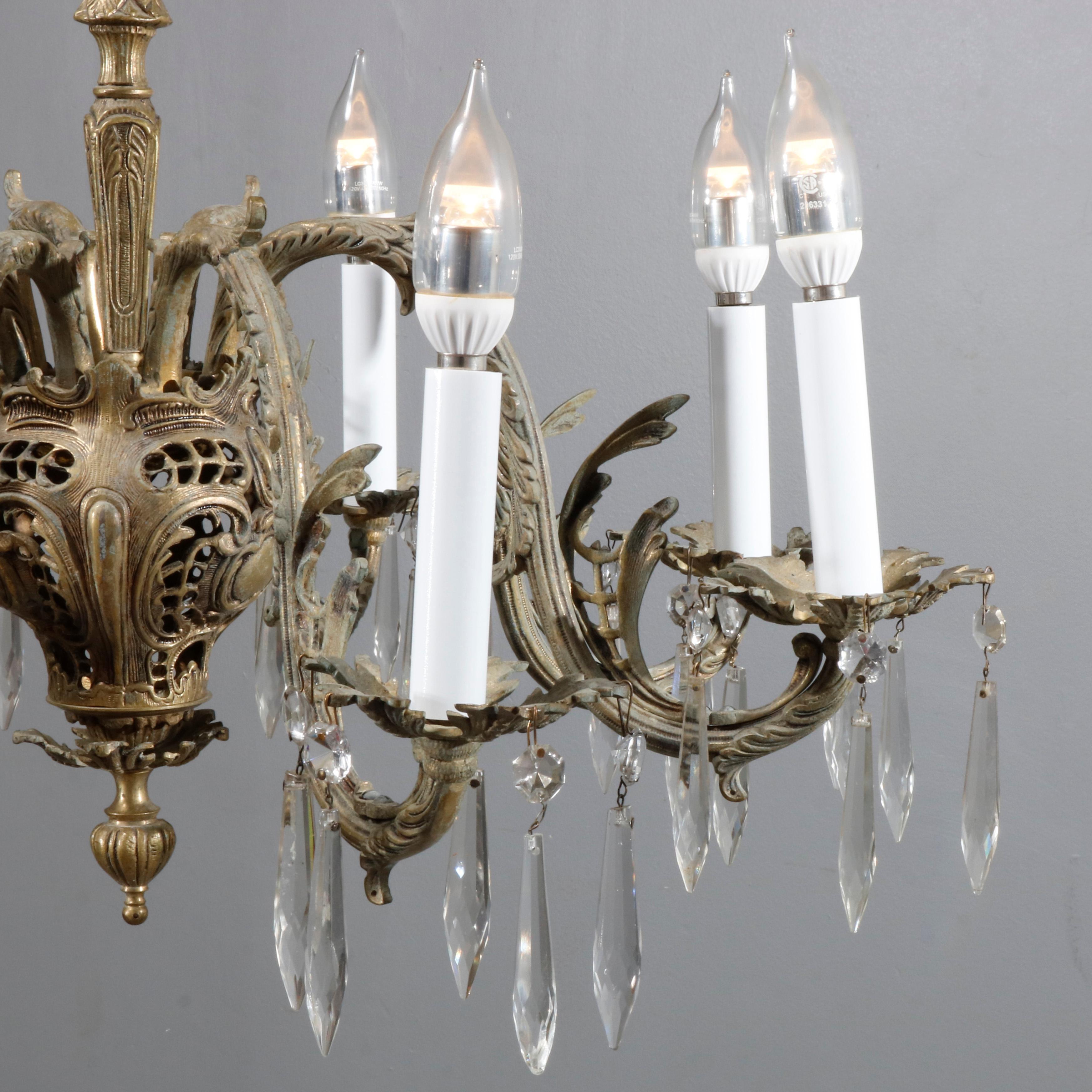 Antique French Rococo Bronze 8 Light Foliate Chandelier with Prisms, C1903 8