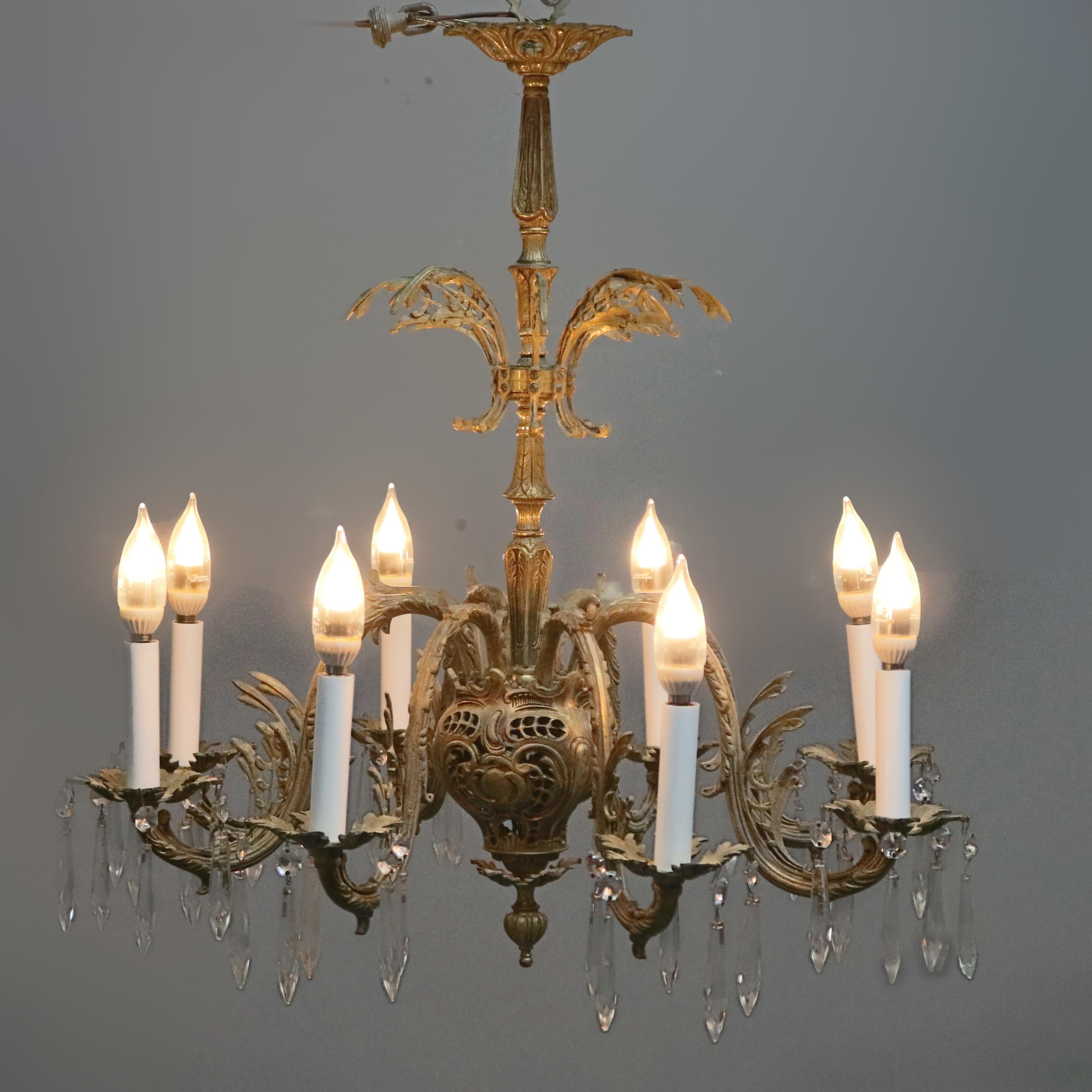 Antique French Rococo Bronze 8 Light Foliate Chandelier with Prisms, C1903 In Good Condition In Big Flats, NY