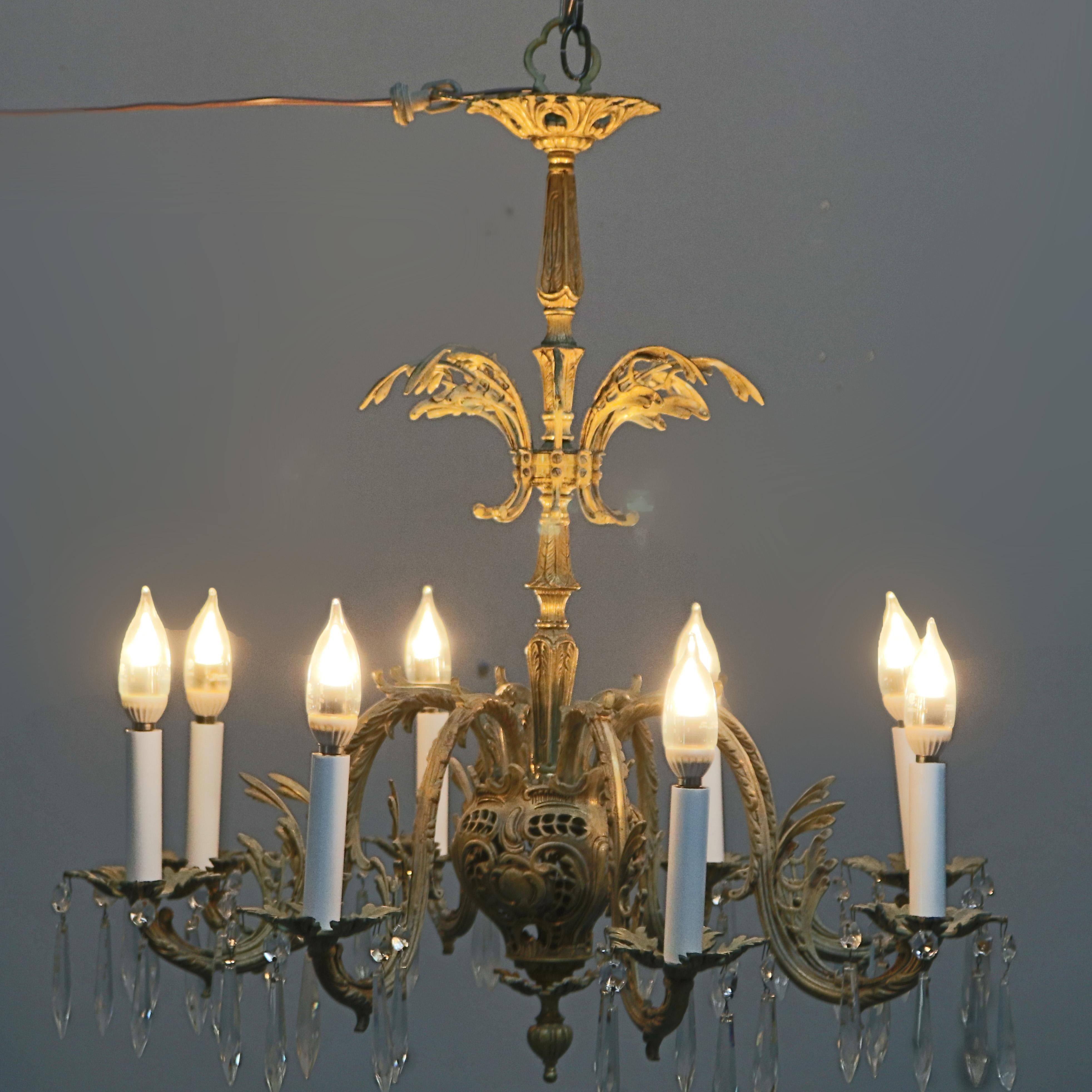 20th Century Antique French Rococo Bronze 8 Light Foliate Chandelier with Prisms, C1903