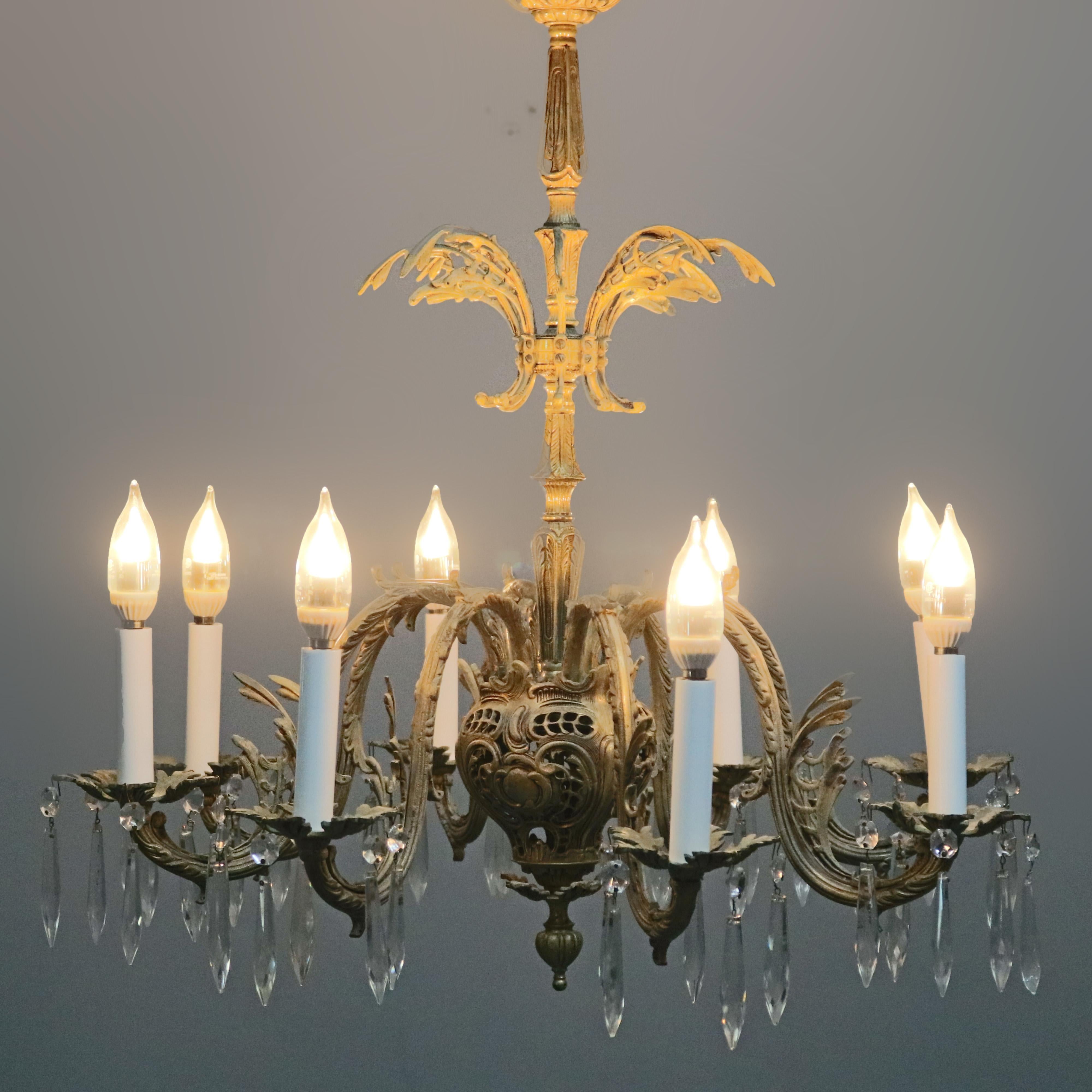 Antique French Rococo Bronze 8 Light Foliate Chandelier with Prisms, C1903 2