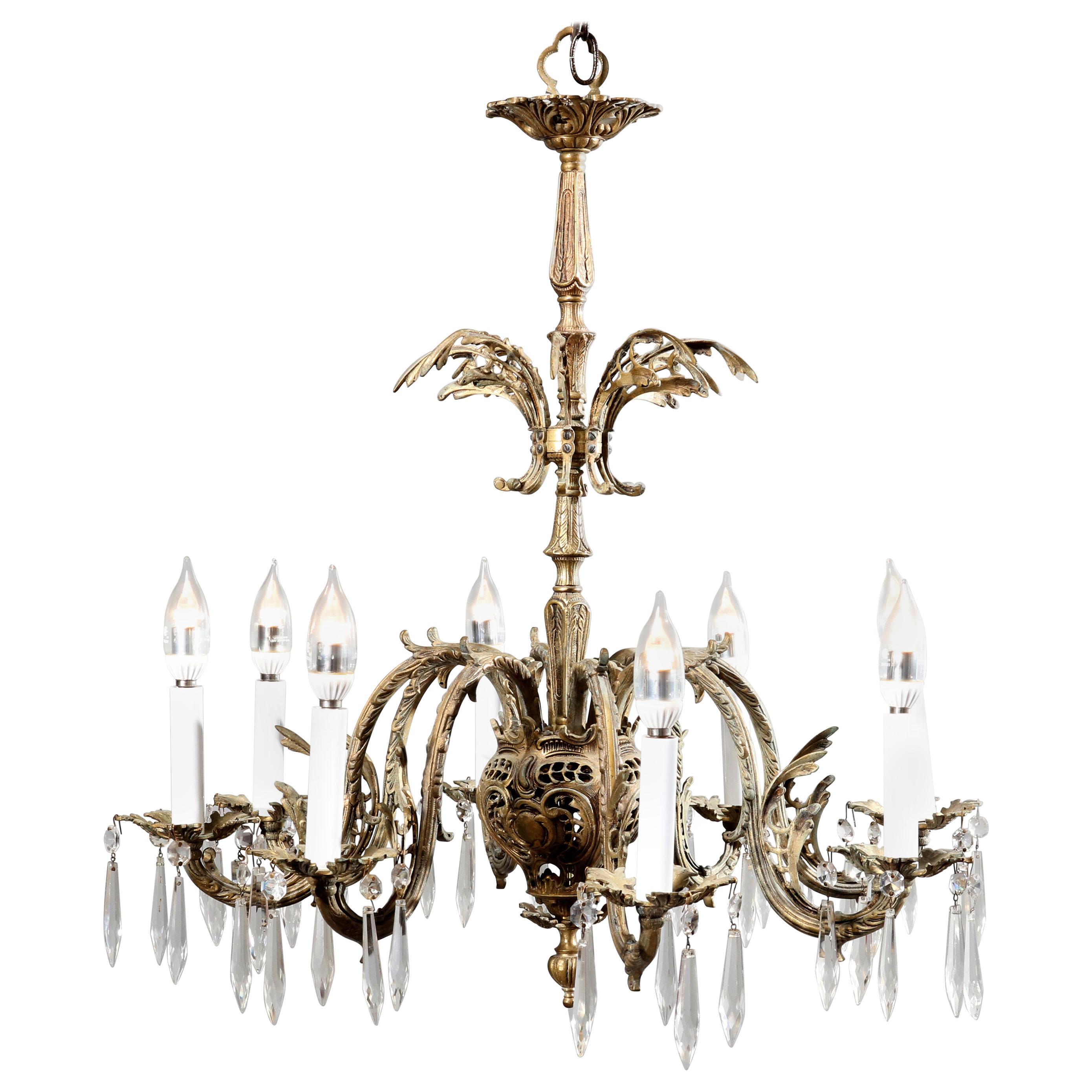 Antique French Rococo Bronze 8 Light Foliate Chandelier with Prisms, C1903