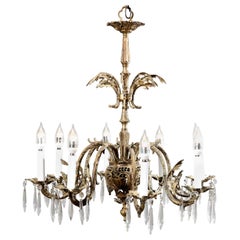 Antique French Rococo Bronze 8 Light Foliate Chandelier with Prisms, C1903