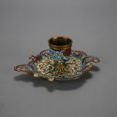 Antique French Rococo Bronze & Enameled Champleve Scroll Form Inkwell 19th C