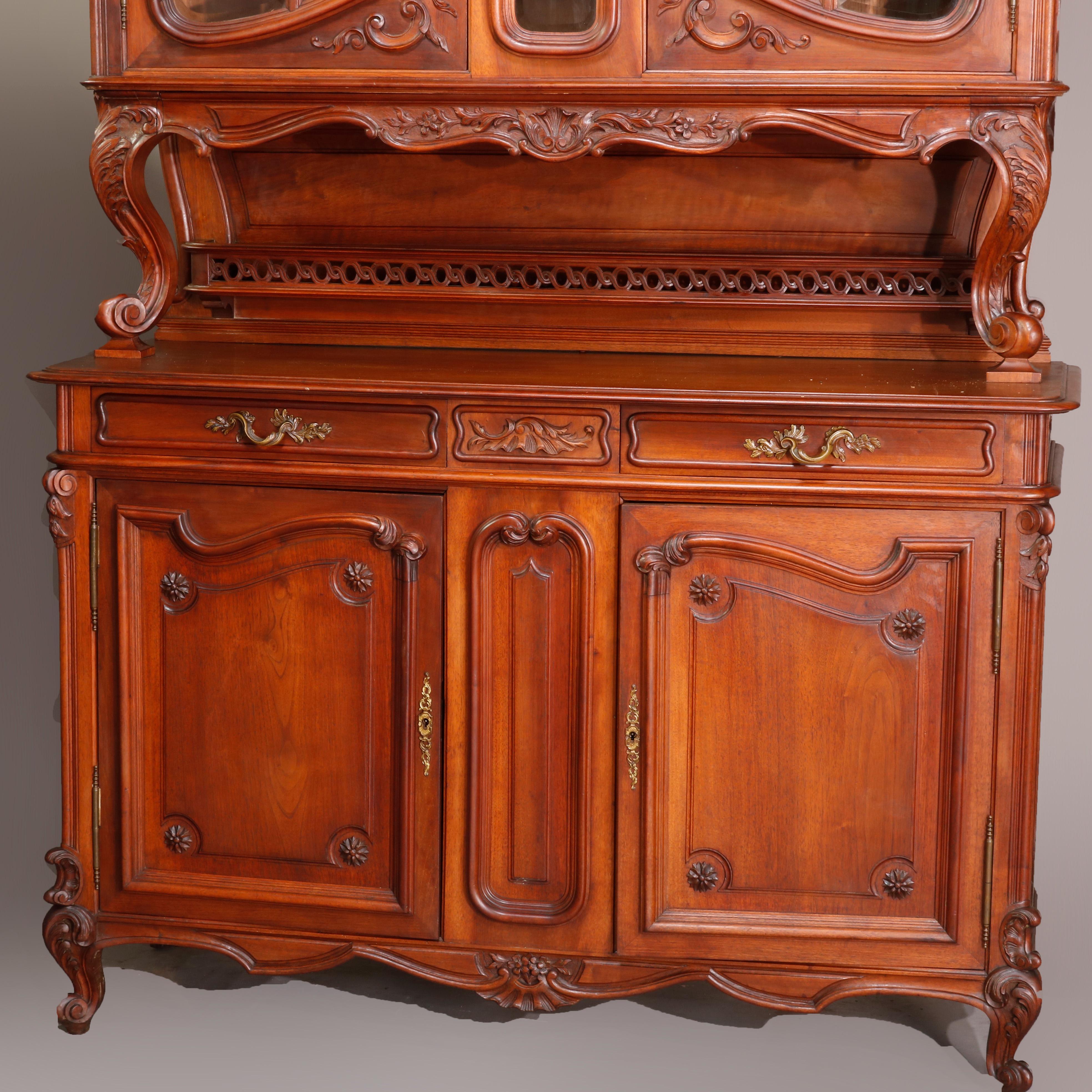 Beveled Antique French Rococo Carved Walnut Step Back Cupboard, 19th Century