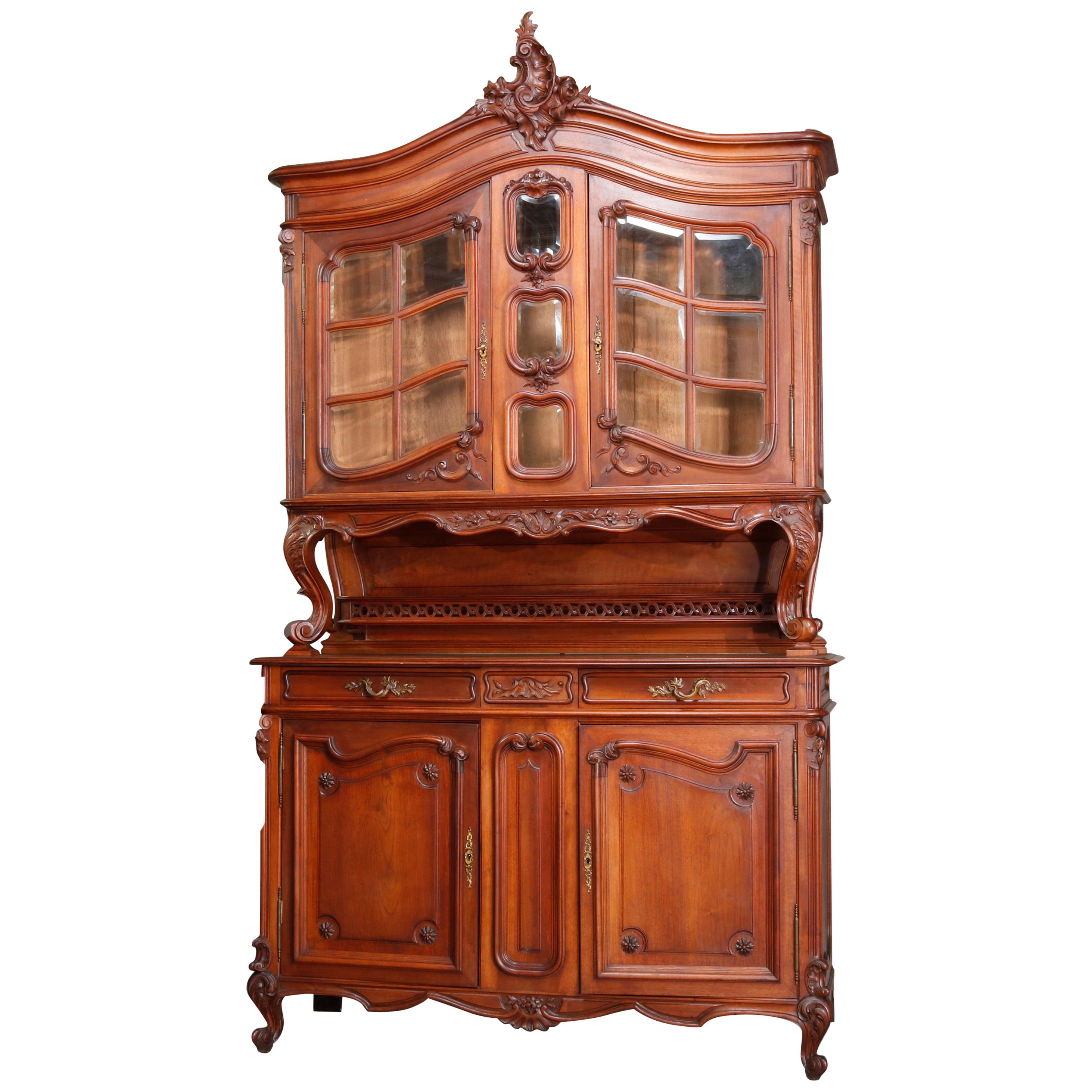 Antique French Rococo Carved Walnut Step Back Cupboard, 19th Century