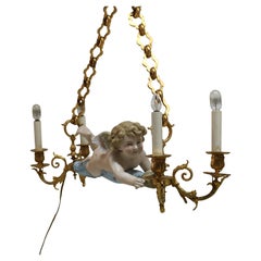 Antique French Rococo Cherub Bisque Porcelain & Gilt Bronze Hanging Light c1920