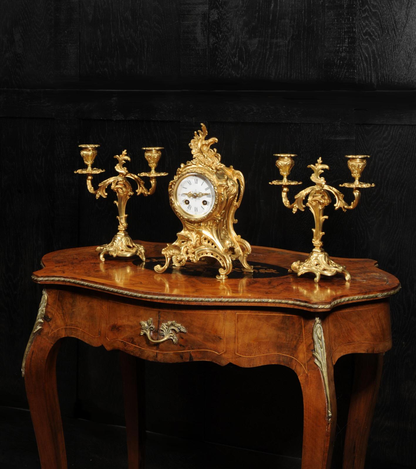 Gilt Antique French Rococo Clock Set by Louis Japy