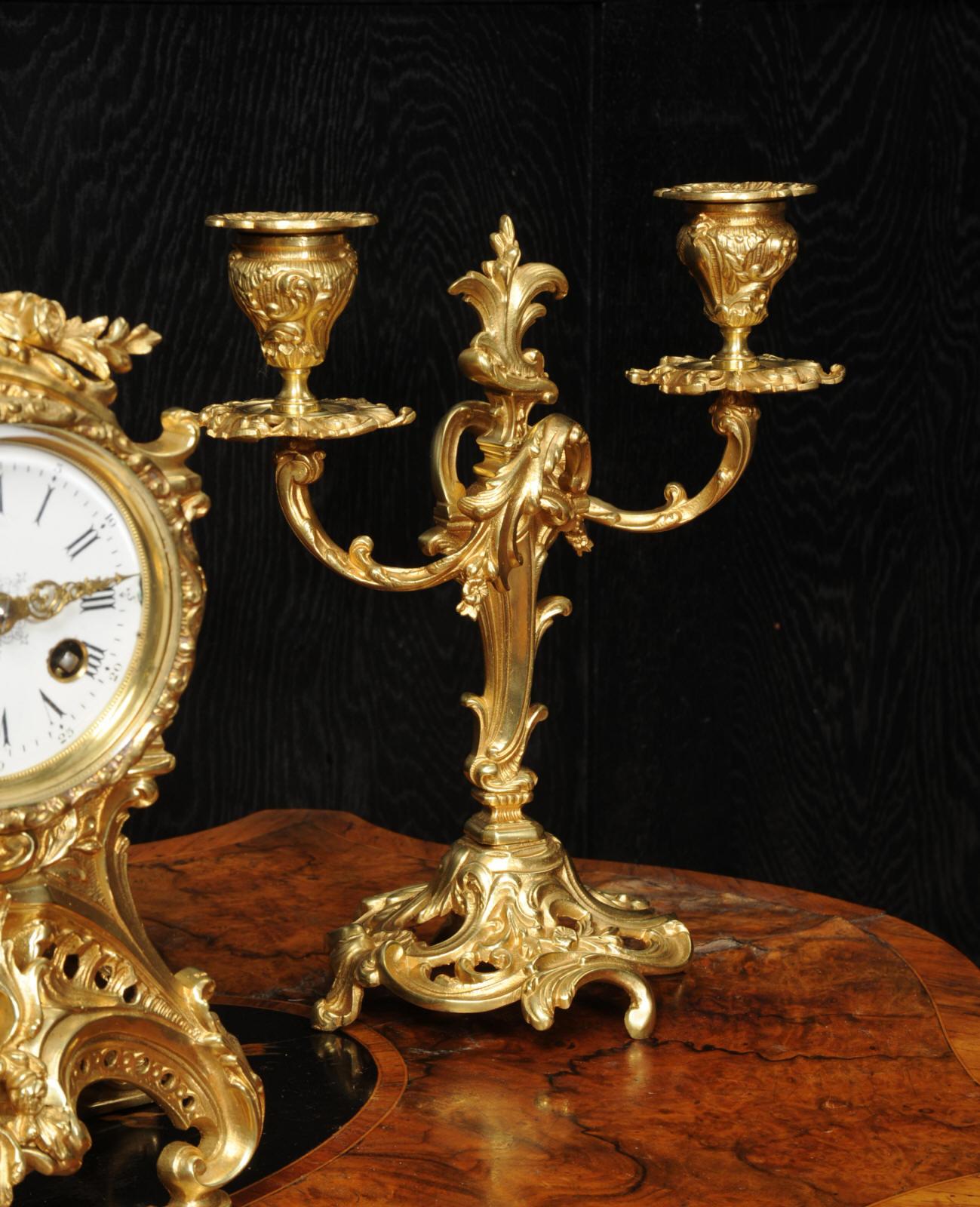 Bronze Antique French Rococo Clock Set by Louis Japy