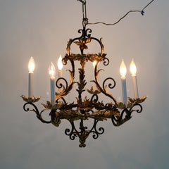 Antique French Rococo Gilt and Ebonized Metal Six Light Foliate Chandelier C1930