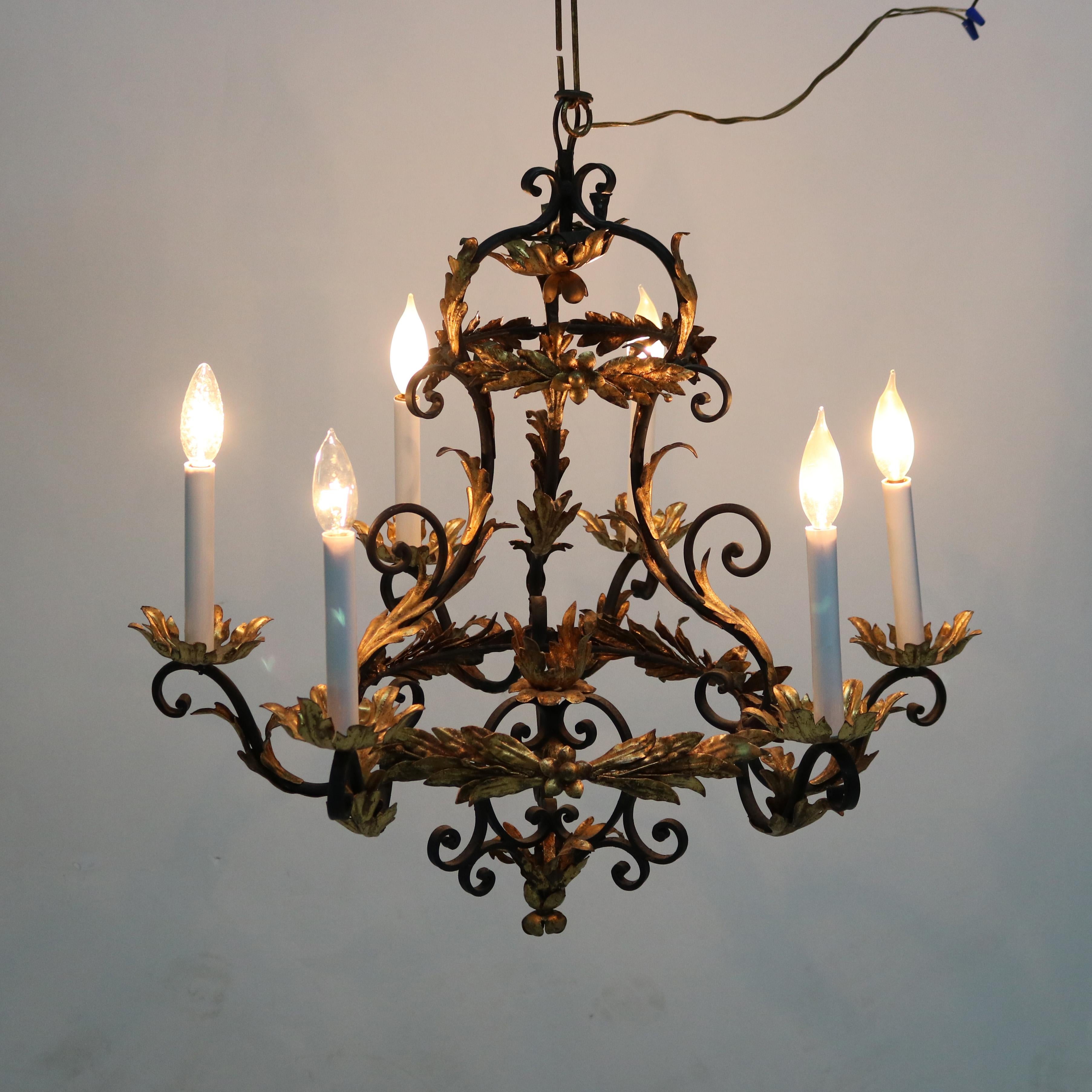 Américain Lustre Rocococo français ancien à six feuillages en métal doré et ébénisé C1930 en vente