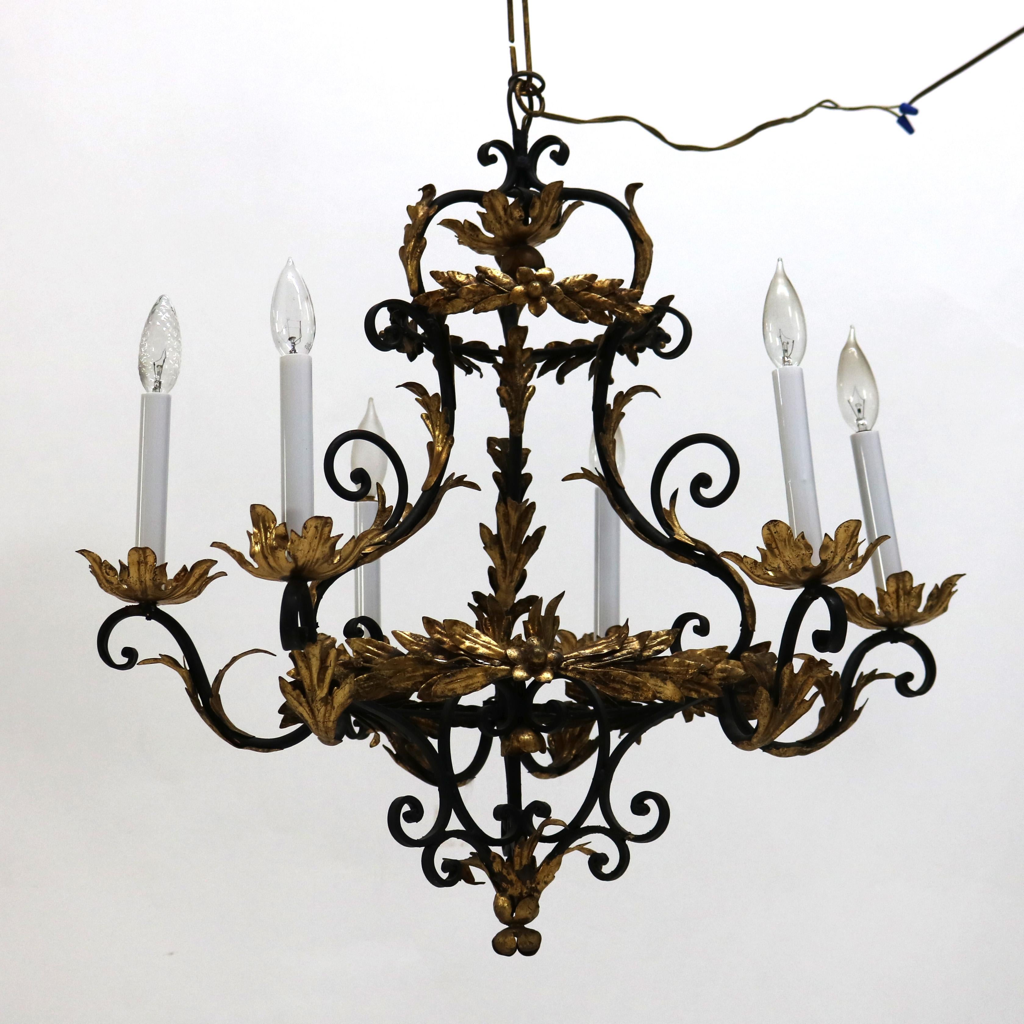 20ième siècle Lustre Rocococo français ancien à six feuillages en métal doré et ébénisé C1930 en vente