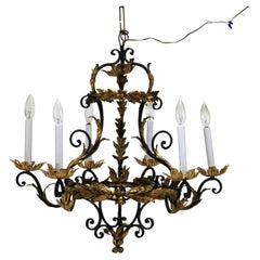 Antique French Rococo Gilt and Ebonized Metal Six Light Foliate Chandelier C1930