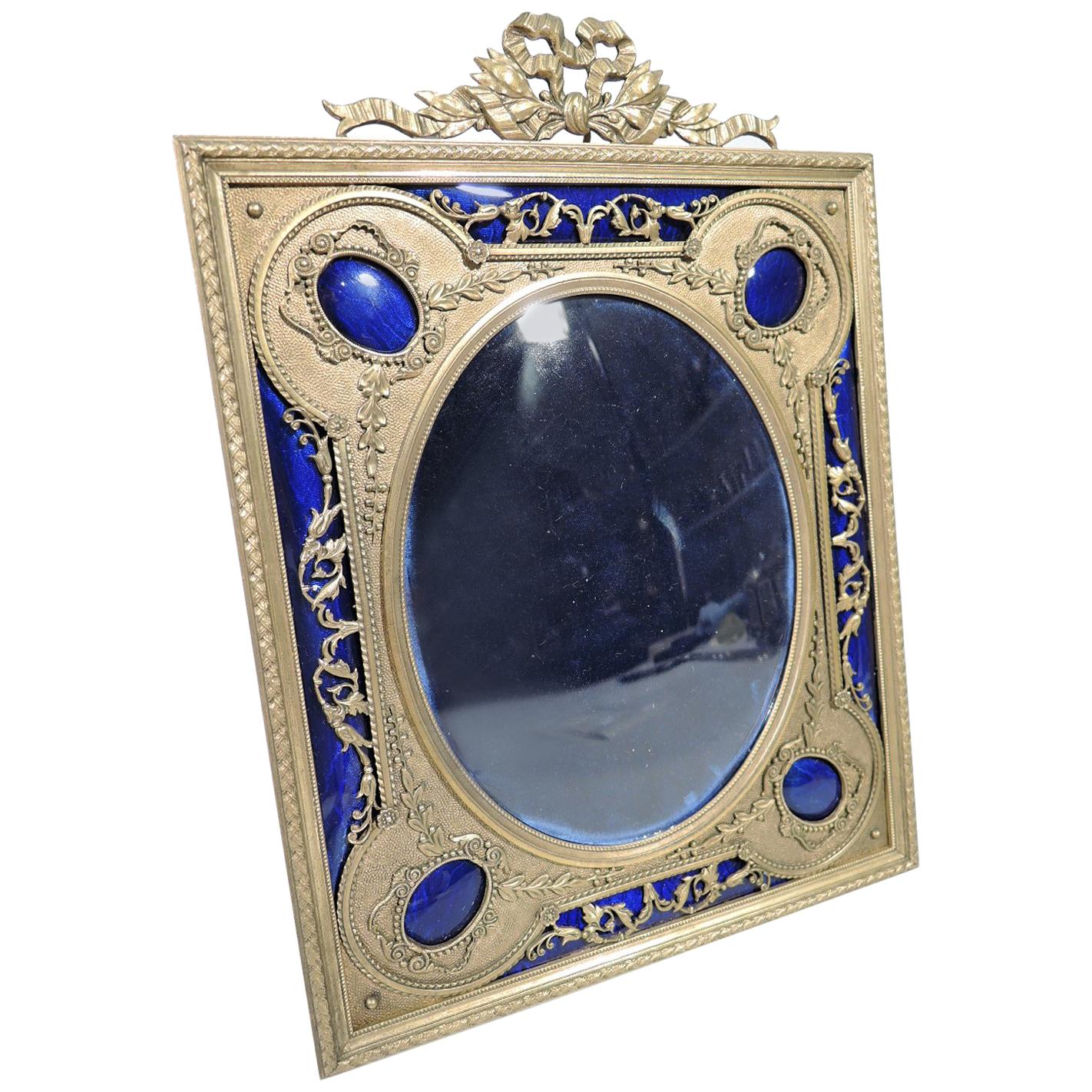 Antique French Rococo Gilt Bronze and Cobalt Enamel Picture Frame