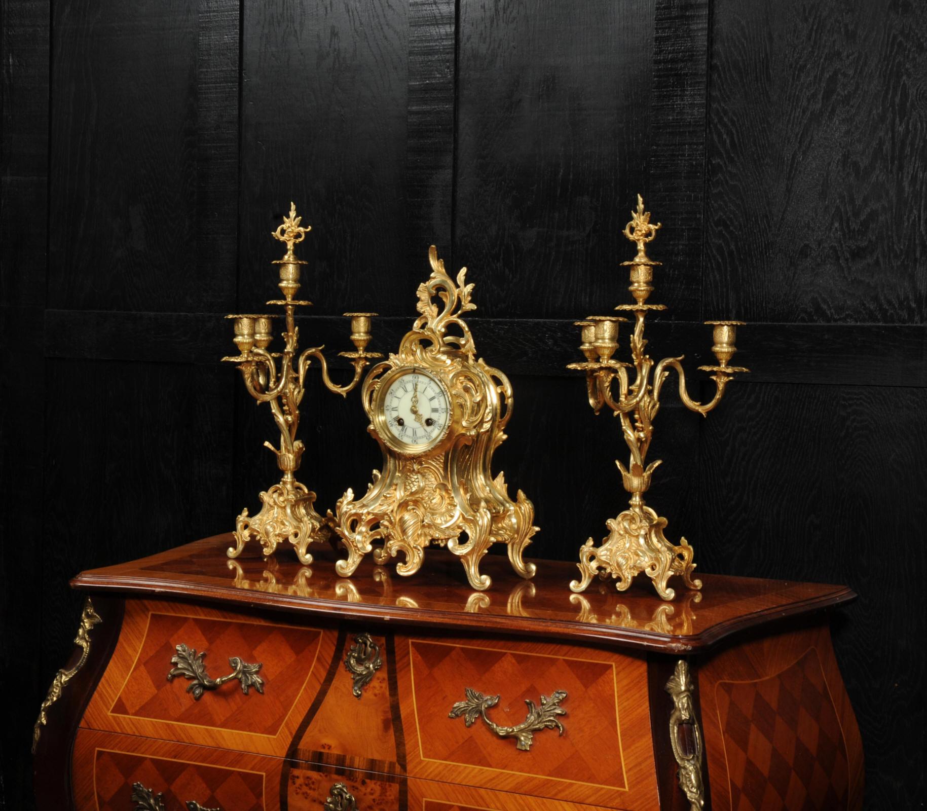 19th Century Antique French Rococo Gilt Bronze Clock Set by Verger Freres of Paris