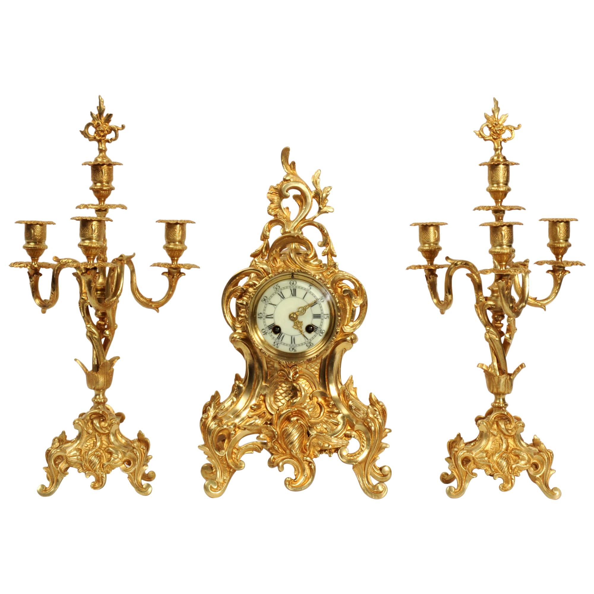 Antique French Rococo Gilt Bronze Clock Set by Verger Freres of Paris