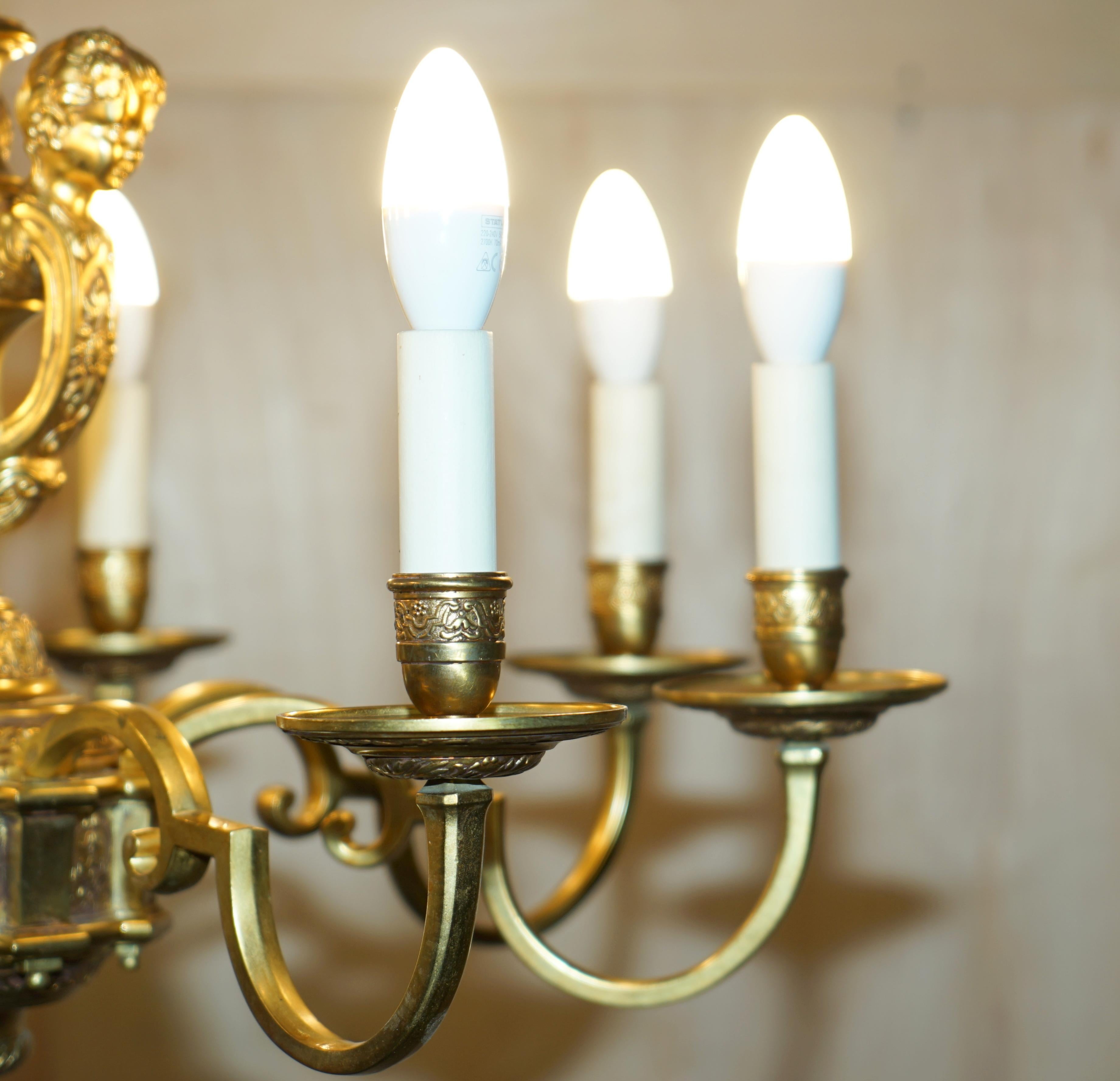 Brass ANTiQUE FRENCH ROCOCO GOLD GILT BRASS EIGHT BRANCH CHERUB CHANDELIER LIGHT For Sale