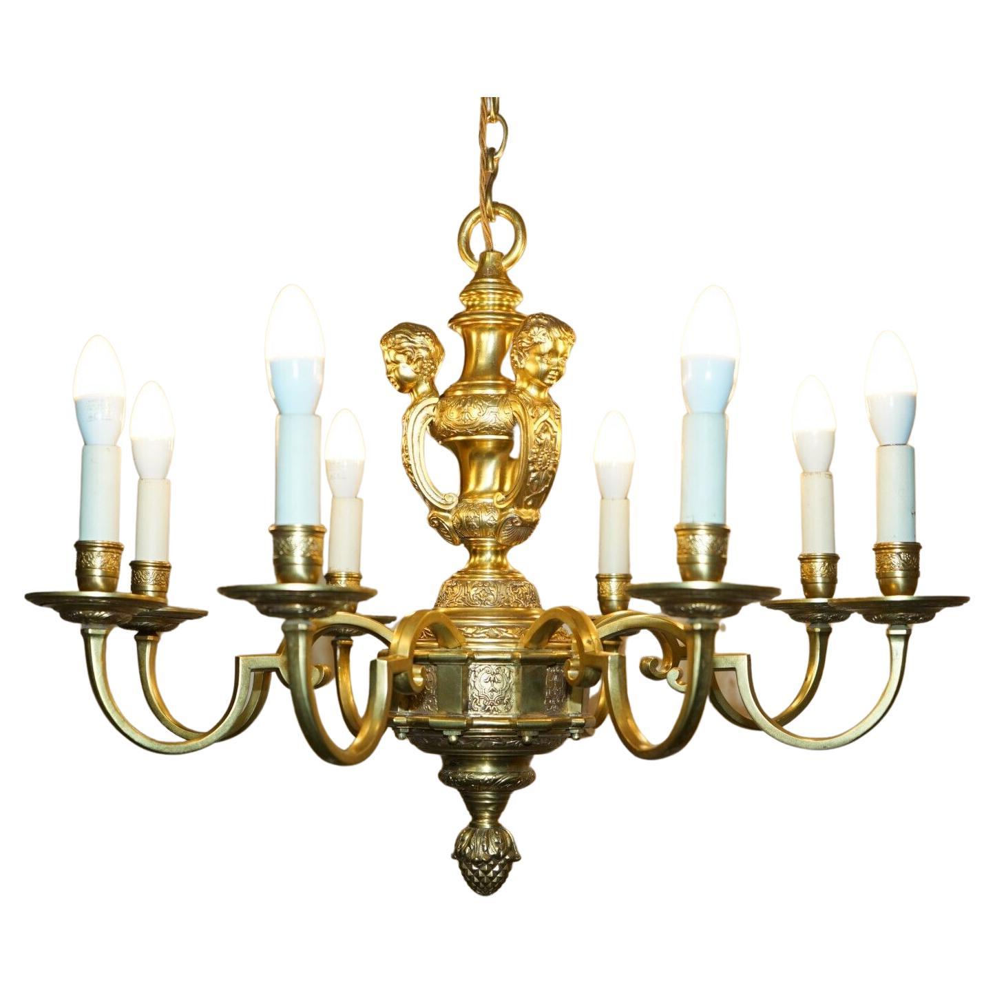 ANTiQUE FRENCH ROCOCO GOLD GILT BRASS EIGHT BRANCH CHERUB CHANDELIER LIGHT For Sale