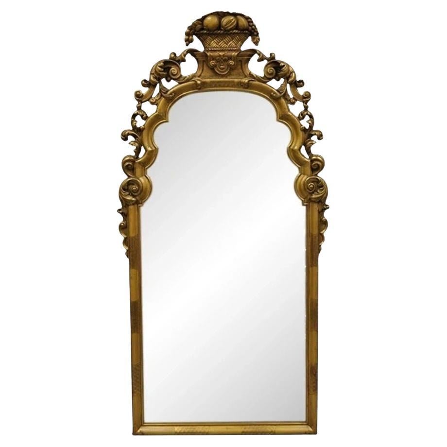 Antique French Rococo Gold Giltwood 65" Harvest Sculved Fruit Basket Wall Mirror en vente