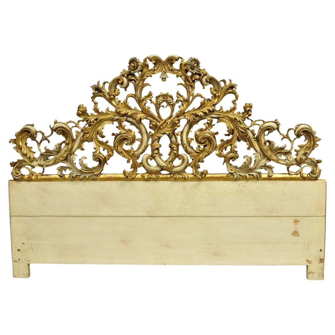 Antique French Rococo Gold Giltwood Carved Wood Italian King Size Bed Headboard