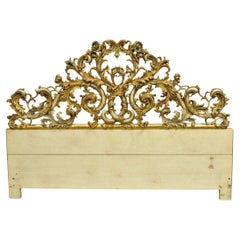 Antique French Rococo Gold Giltwood Carved Wood Italian King Size Bed Headboard