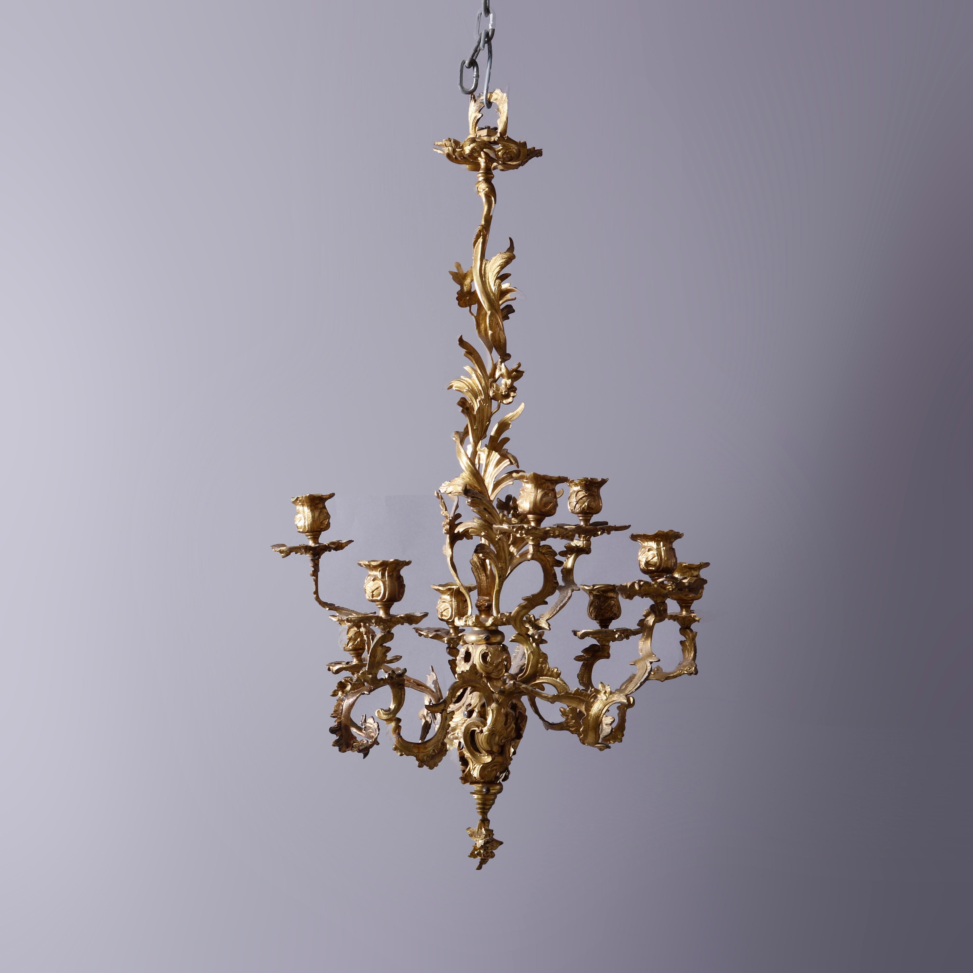 Antique French Rococo Louis XIV Style Gilt Bronze Candelabra Chandelier c1890 In Good Condition In Big Flats, NY