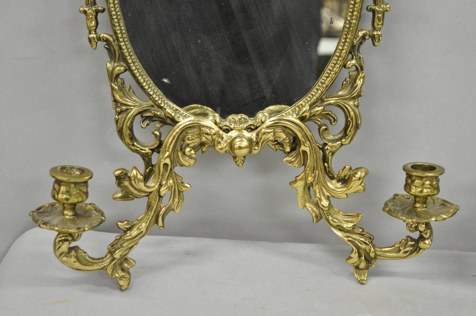 Sconosciuto Antique French Rococo Louis XV Brass Oval Mirror Candelabra Wall Sconces - Coppia in vendita