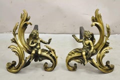 Paire de chenets en bronze rococo Louis XV, chérubins, putti et chenets en fer.