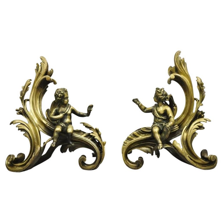 Pair of French Louis XV Style Brass Chenets/Andirons Pair of French Louis XV Style Brass Chenets/Andirons