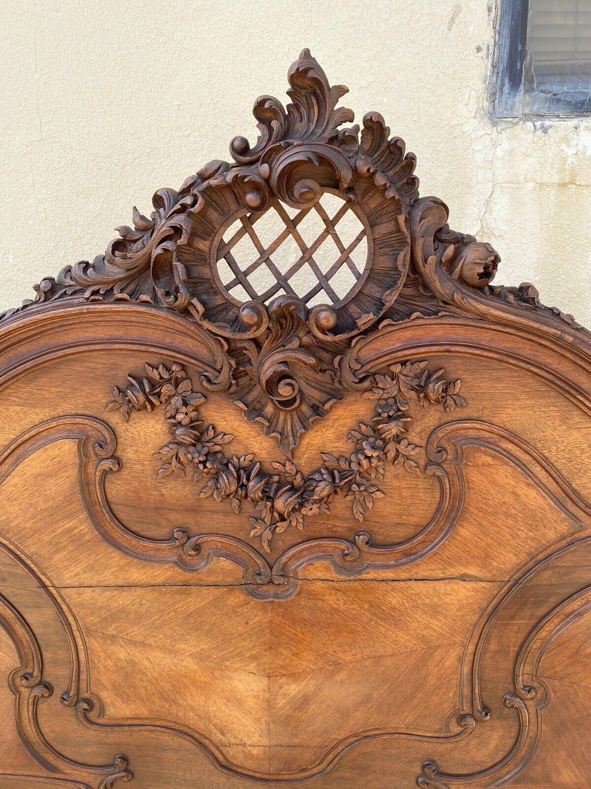19th Century Antique French Rococo Louis XV Style Carved Walnut Cherubs & Heart Bed Frame For Sale
