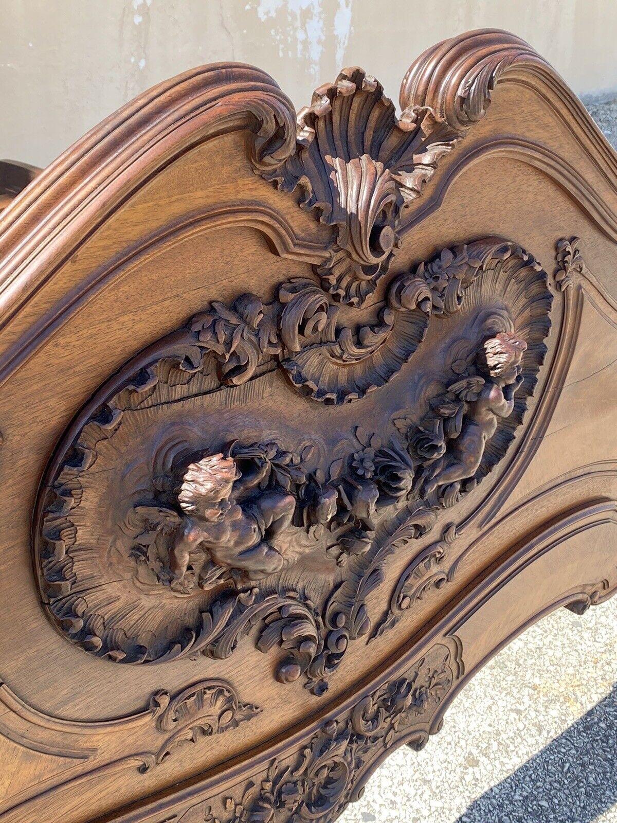 Antique French Rococo Louis XV Style Carved Walnut Cherubs & Heart Bed Frame For Sale 3